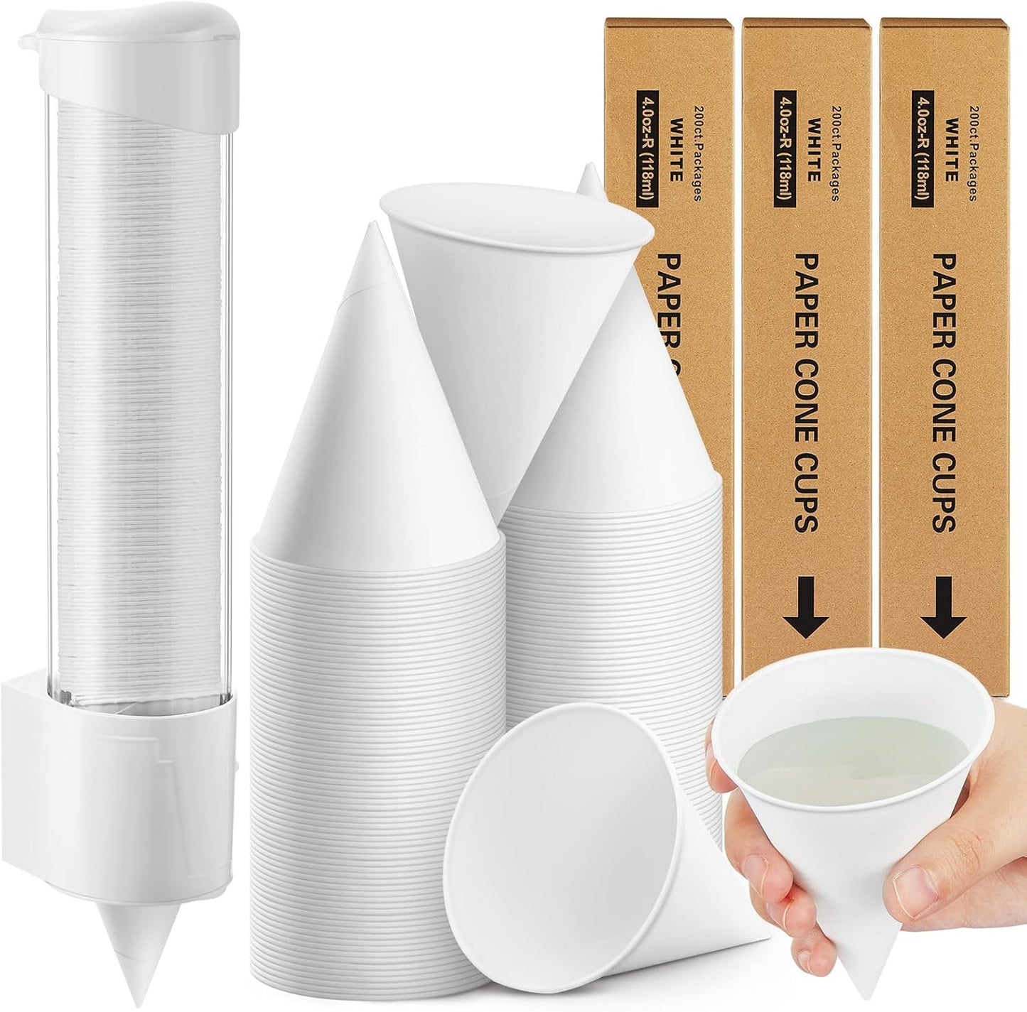 Roshtia 600 Pcs 4 oz Paper Cone Cups Thicken Disposable with 1 Cups Dispenser Pull Type Wall Mount Cup Holder Paper for Restaurants, Home, and Office, and Shaved Ice, Cold (White)