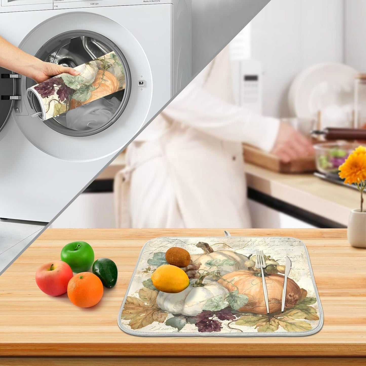 Autumn Pumpkin Fall Leaves Thanksgiving Dish Drying Mat for Kitchen Counter Absorbent Microfiber Small Drying Pad Dish mats for Kitchen Countertops 16 x 18 Inch