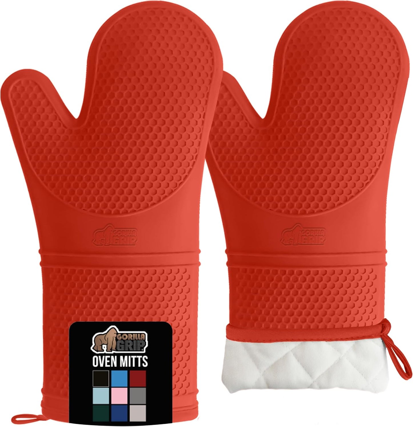 GORILLA GRIP BPA-Free Soft Silicone Oven Mitts, 14.5x8.3, Heat Resistant and Waterproof Cooking Gloves, Thick Cotton Lining, Flexible Gripping for Baking Grilling, Kitchen Potholders Set of 2, Coral