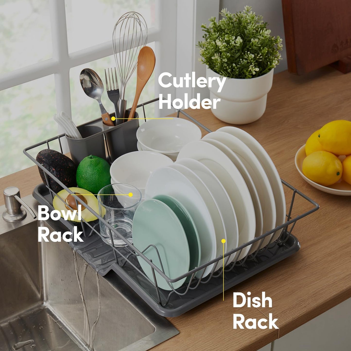 Sweet Home Collection Space-Saving 3-Piece Dish Drainer Rack Set: Efficient Kitchen Organizer for Quick Drying and Storage - Includes Cutlery Holder and Drainboard - Maximize Countertop Space, Gray