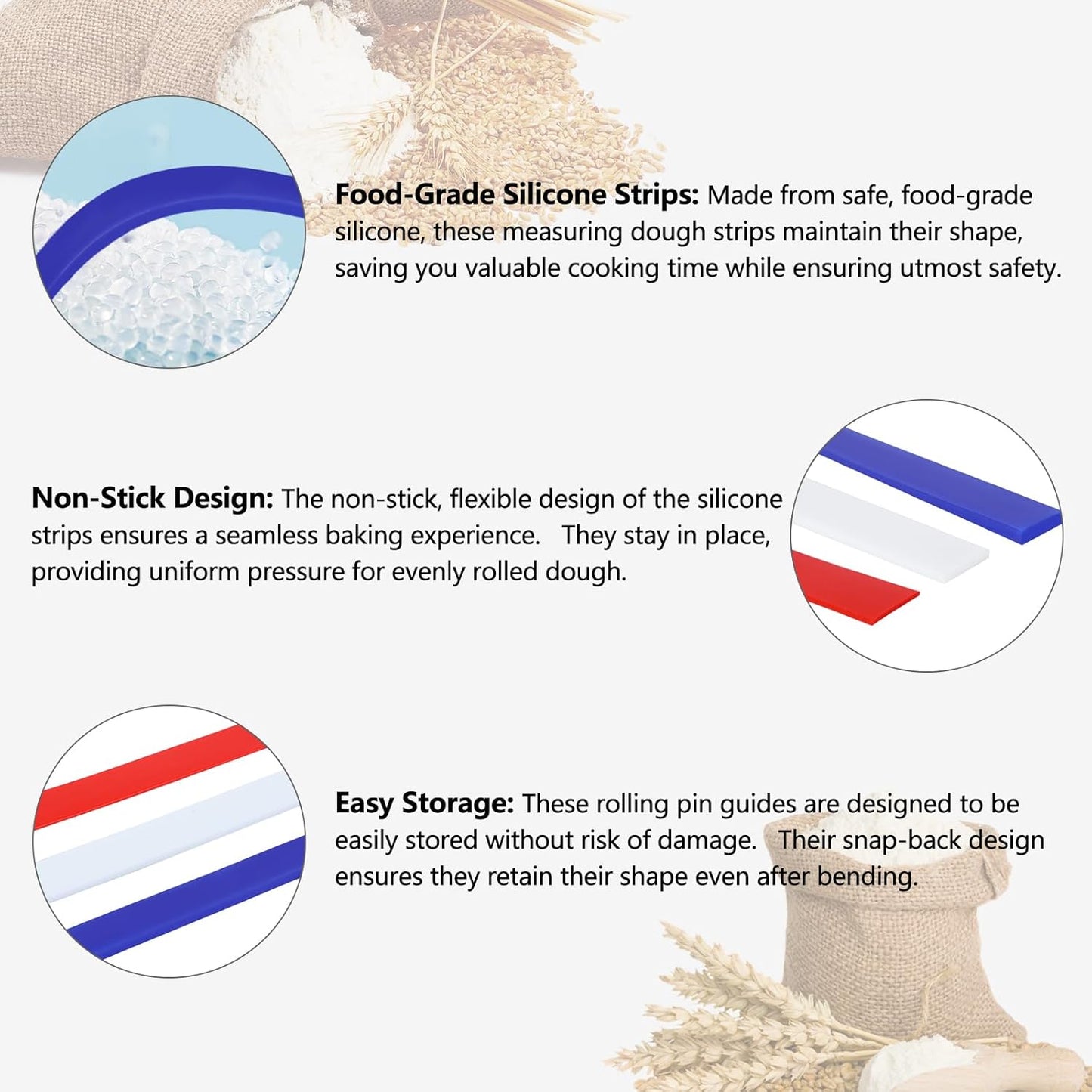 6Pcs Silicone Rolling Pin Guides - Perfect Dough Leveler Sticks for Precision Baking - Food Grade Silicone Strips for Thickness Guide