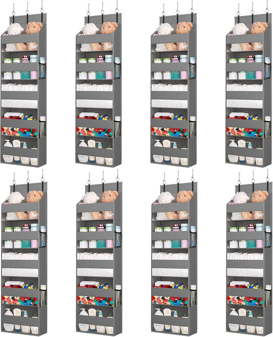 Lifewit 8 Packs Over the Door Organizer, 5 Shelf Clear Window Hanging Storage with 4 Mesh Side Pockets, Anti Tilt 40 lbs Load Behind Door for Pantry, Nursery, Bathroom, Bedroom, Kitchen, Dorm, Grey