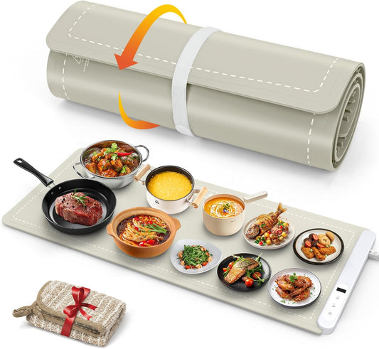FYY Extra Large Food Warming Mat - Electric Warming Tray with 6 Temperature Settings and 6 Hours Timer, Full Surface Heating Food Warmer, Premium Silicone Heating Tray for Gatherings, Parties, Khaki