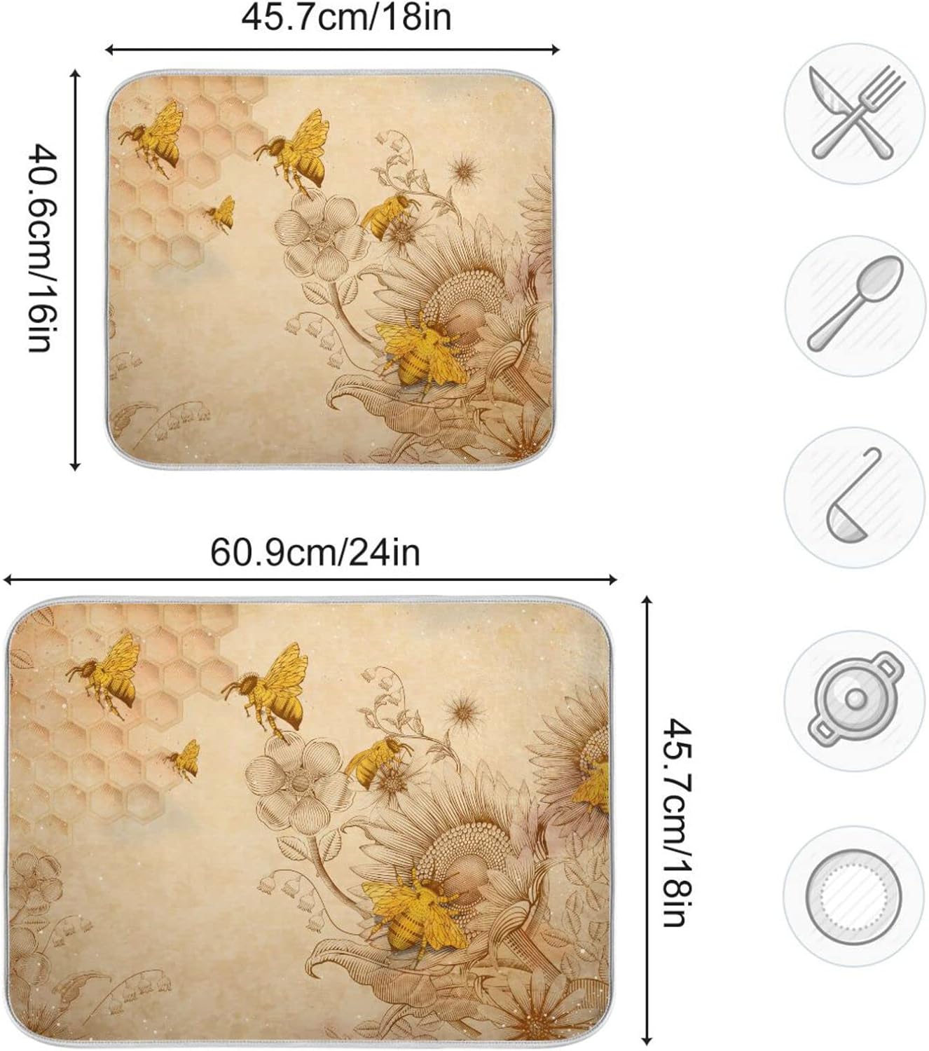 Super Absorbent Dish Drying Mat, Microfiber Fast-Drying Dish Mat, 24" x 18", Kitchen Dish Drying Pad, Sunflower Bee Retro