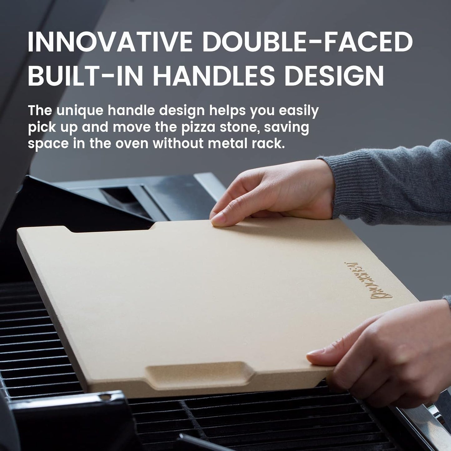 Pizza Stone, 15"x12" Rectangular Pizza Stone for Oven Grill BBQ, Cordierite Baking Stone for Bread, Unique Built-in 4 Handles Cooking Stone