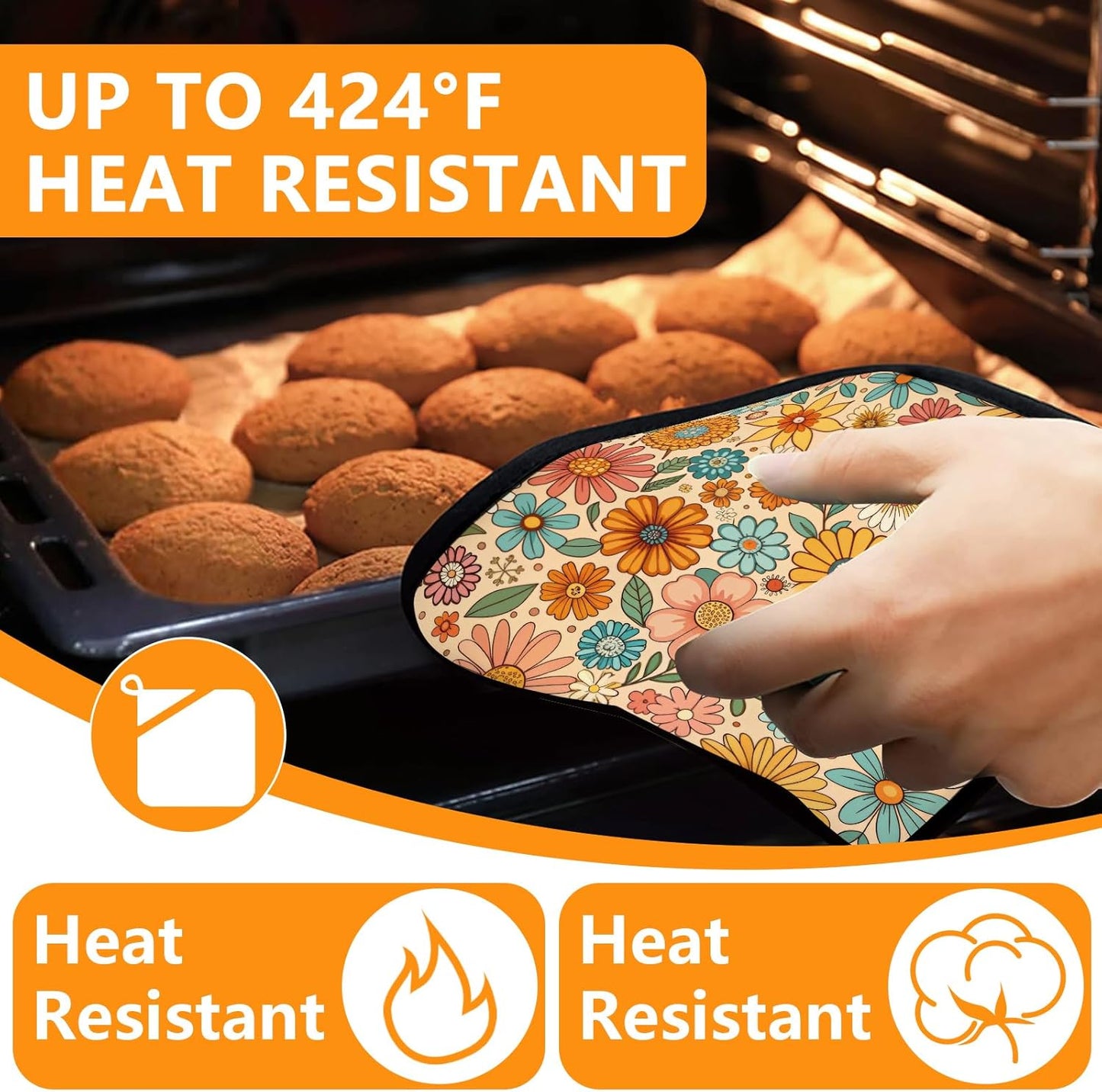 Boho Floral Oven Mitts and Pot Holders Sets 4Pcs,Extra Long Oven Gloves Potholder for Kitchen Cooking Baking BBQ 100% Cotton Heat Resistant