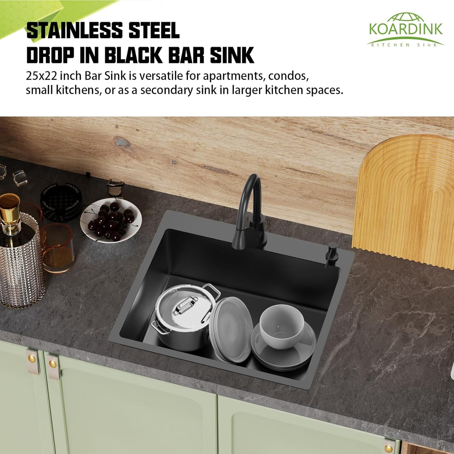 Black Kitchen And Bar Sink, 25x22 Inch Stainless Steel Drop In Kitchen Sink Modern Single Bowl Topmount Bar Sink Combo-Silicon Mat,Drain Strainer Set Compatibility With Various Kitchen & Bar Style