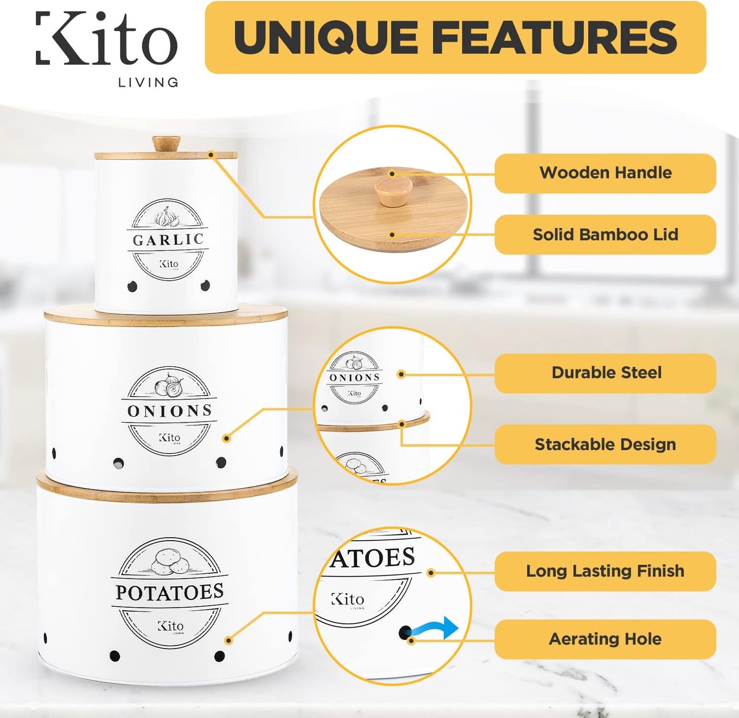 Canister Sets for Kitchen Counter with Wooden Bamboo Lids, Kitchen Canisters for Countertop, Stackable Steel Farmhouse Canisters for Potato Storage, Onion and Potato Storage Bins - White