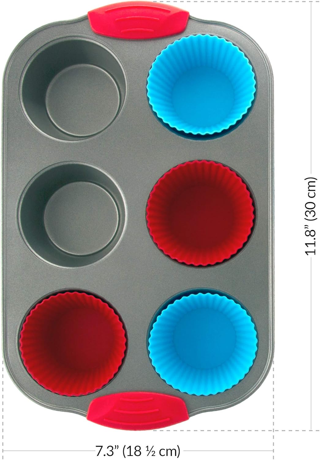 Boxiki Kitchen Non-Stick Steel 6 Cup Muffin Pan with Silicone Handles and Reusable Liners - Perfect for Baking Large Muffins and Cupcakes