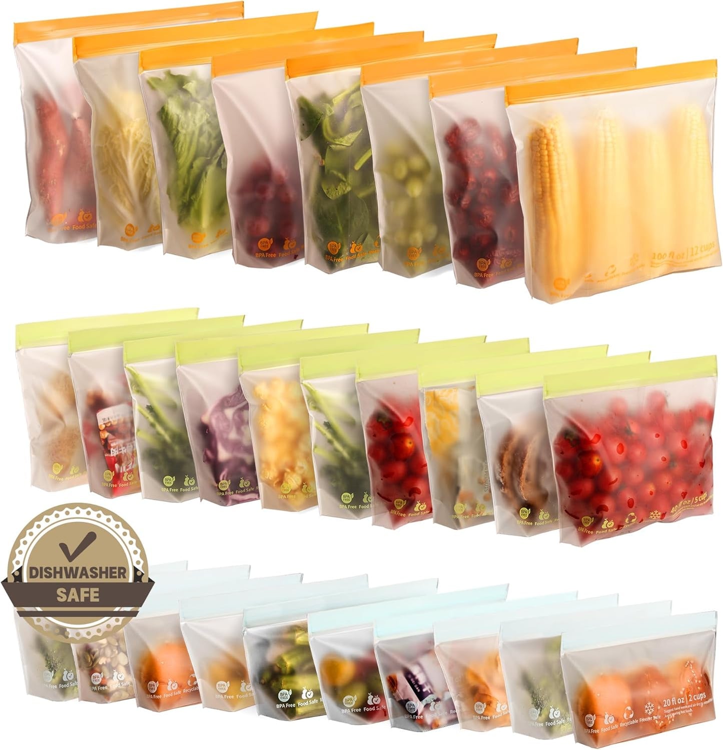 28 Pack Reusable Food Storage Bags,Leakproof Freezer Bags BPA Free Stand Up Sandwich Bags for Lunch Salad Fruit Travel,Dishwasher Safe(8 Gallon,10 Sandwich,10 Snack)