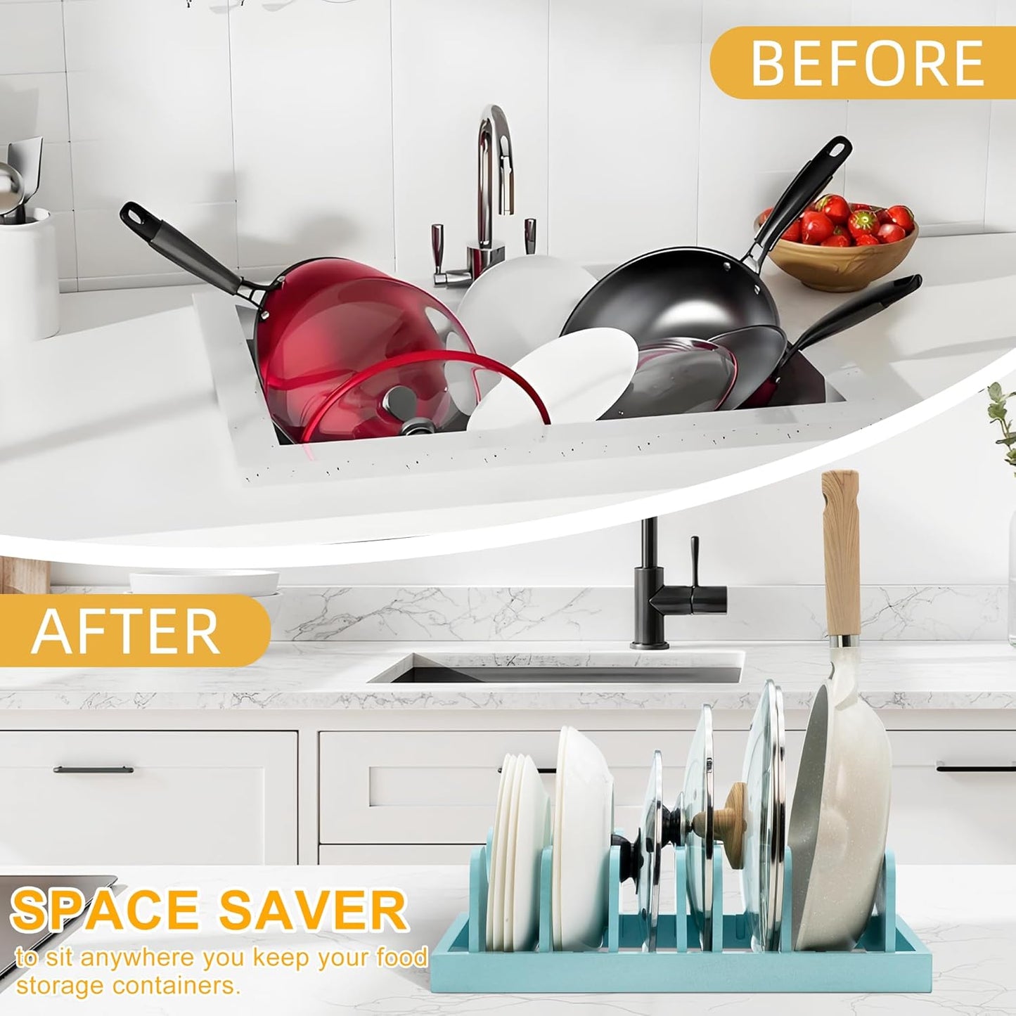 MinBoo Bamboo Pot Lid Organizer Pot Lid Holder, Pot and Pan Organizer Drawer Organizer for Pot Lids, Pans, Dinner Plates, Reusable Containers in Cabinet Storage,Blue