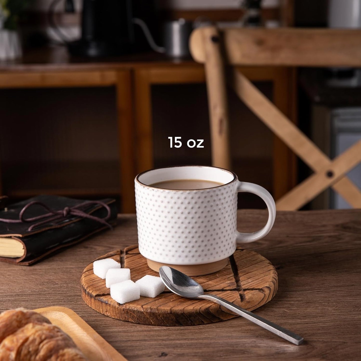 GBHOME 15OZ Stackable Coffee Mugs, Ceramic Coffee Mugs with Texture Patterns for Man,Woman,Dad,Mom, Modern Coffee Mugs Set of 4 for Latte/Cappuccino/Cocoa. Dishwasher&Microwave Safe, Off White