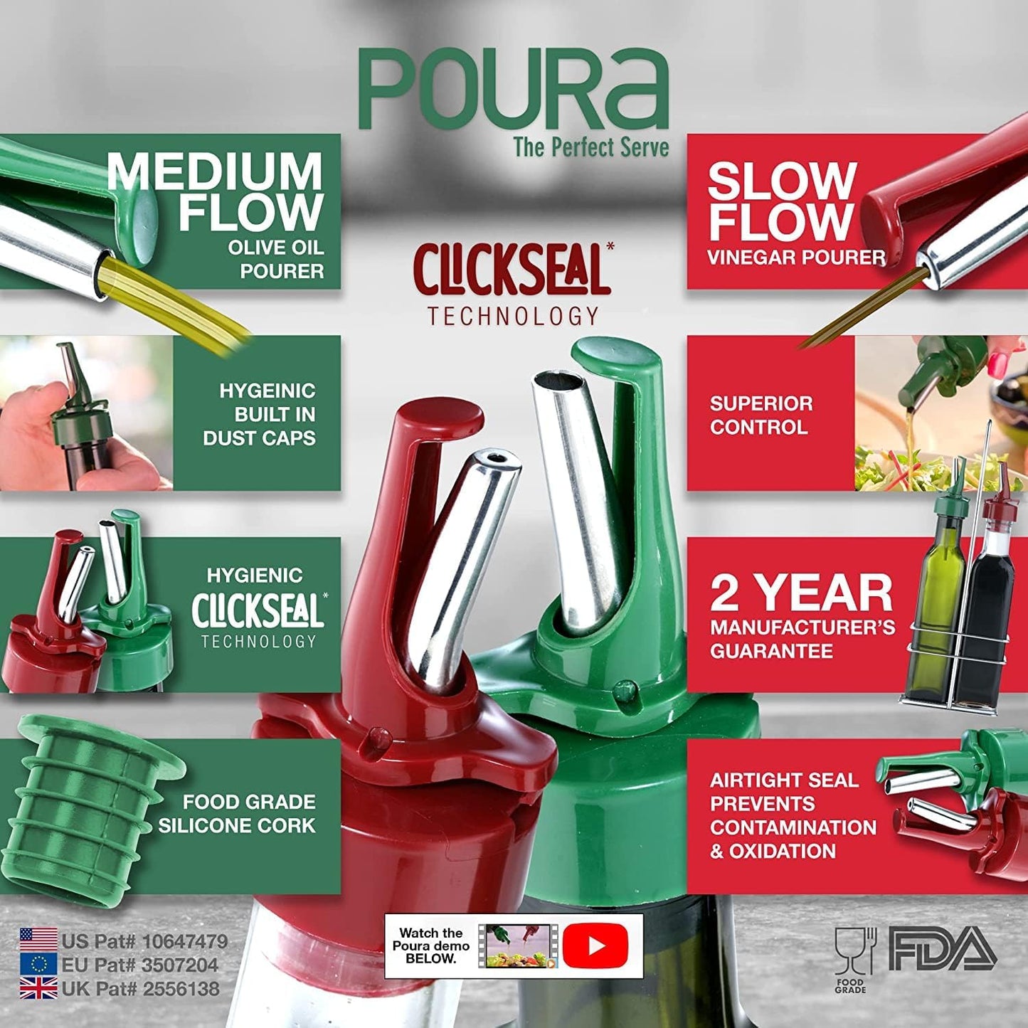 Poura Vinegar and Olive Oil Bottle Drizzler Set with Unique ClickSeal Pour Spouts | Glass Oil & Vinegar Dispenser Bottles for Cooking Kitchen Dining | Hygienic Covers + Silicone Decanter Funnel 250ml