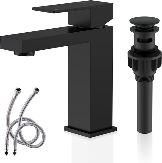 KENES Matte Black Single Handle Bathroom Sink Faucet, Stainless Steel Vanity Faucet for Bathroom Sink, with Pop Up Drain Stopper & Water Supply Hoses LJ-9031-2