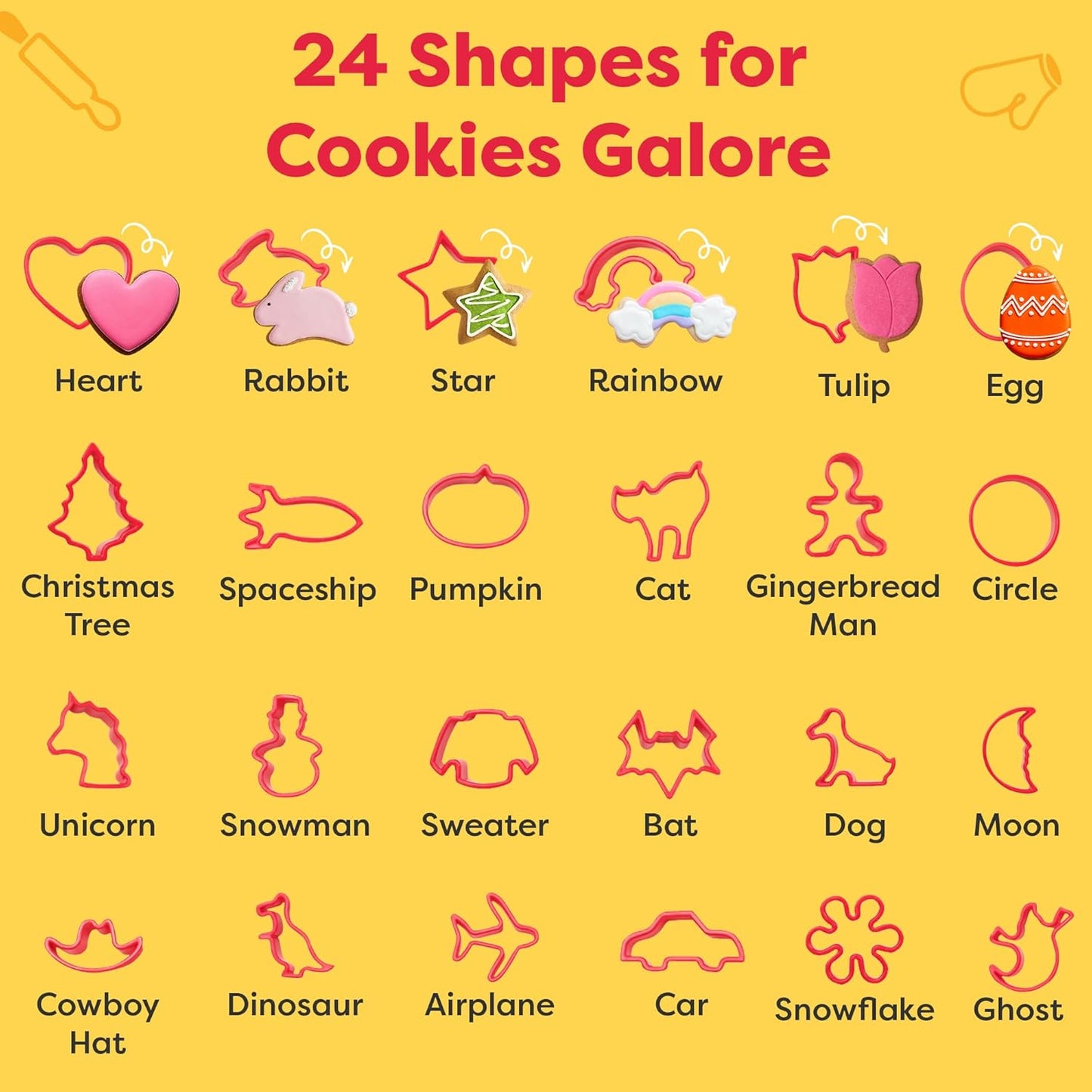 Baketivity Cookie Cutter Set for Kids, 24 Assorted Cookie Cutters of Basic Shapes, Seasonal, and Holiday Themes - with Rolling Pin, Silicone Baking Pan, and Non-Stick Baking Mat - BPA-Free - Ages 4+