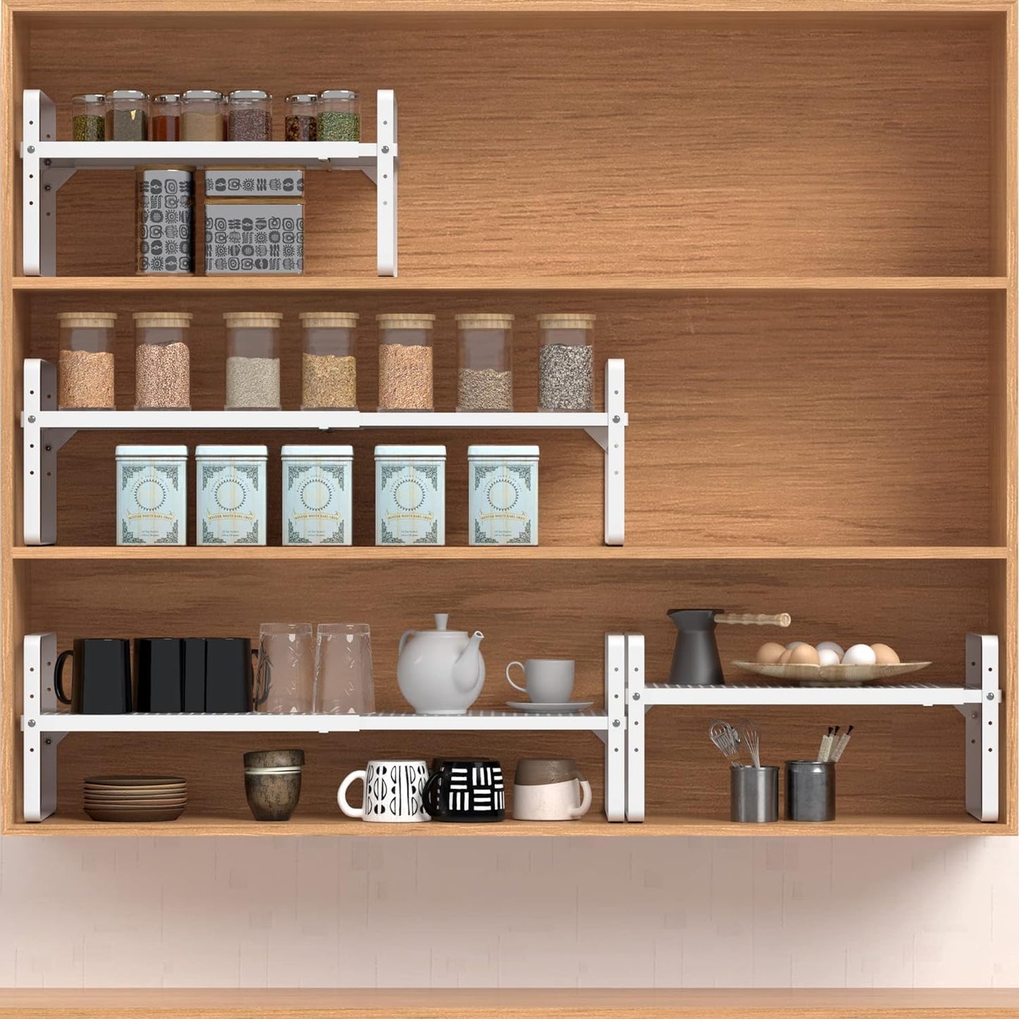 Expandable Cabinet Shelf Organizer Adjustable Metal Spice Rack Stackable Freestanding Counter Storage Shelves for Kitchen Cabinet Under Sink Office Desk (White - 3Pack - L16.5-27'' * W8'' * H9.6'')