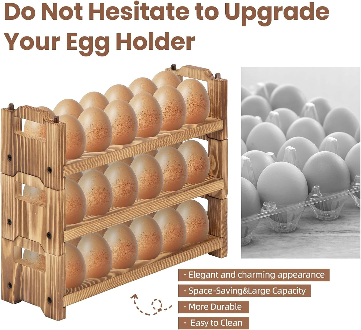 Egg Holder Countertop, 3-tire Solid Wooden Egg Holder, Stackable Egg Storage Basket Holding Up to 36 Fresh Eggs, Chicken, Duck Eggs - Unfinished