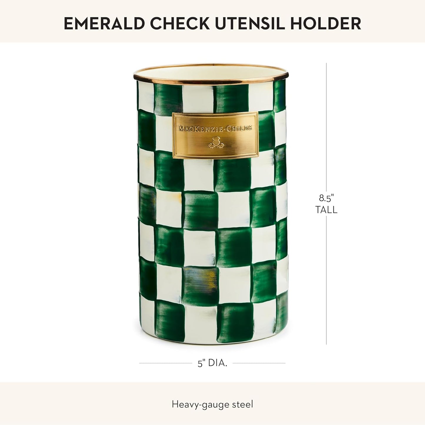 MACKENZIE-CHILDS Enamel Utensil Holder, Kitchen Utensil Holder for Countertop, Green-and-White Emerald Check