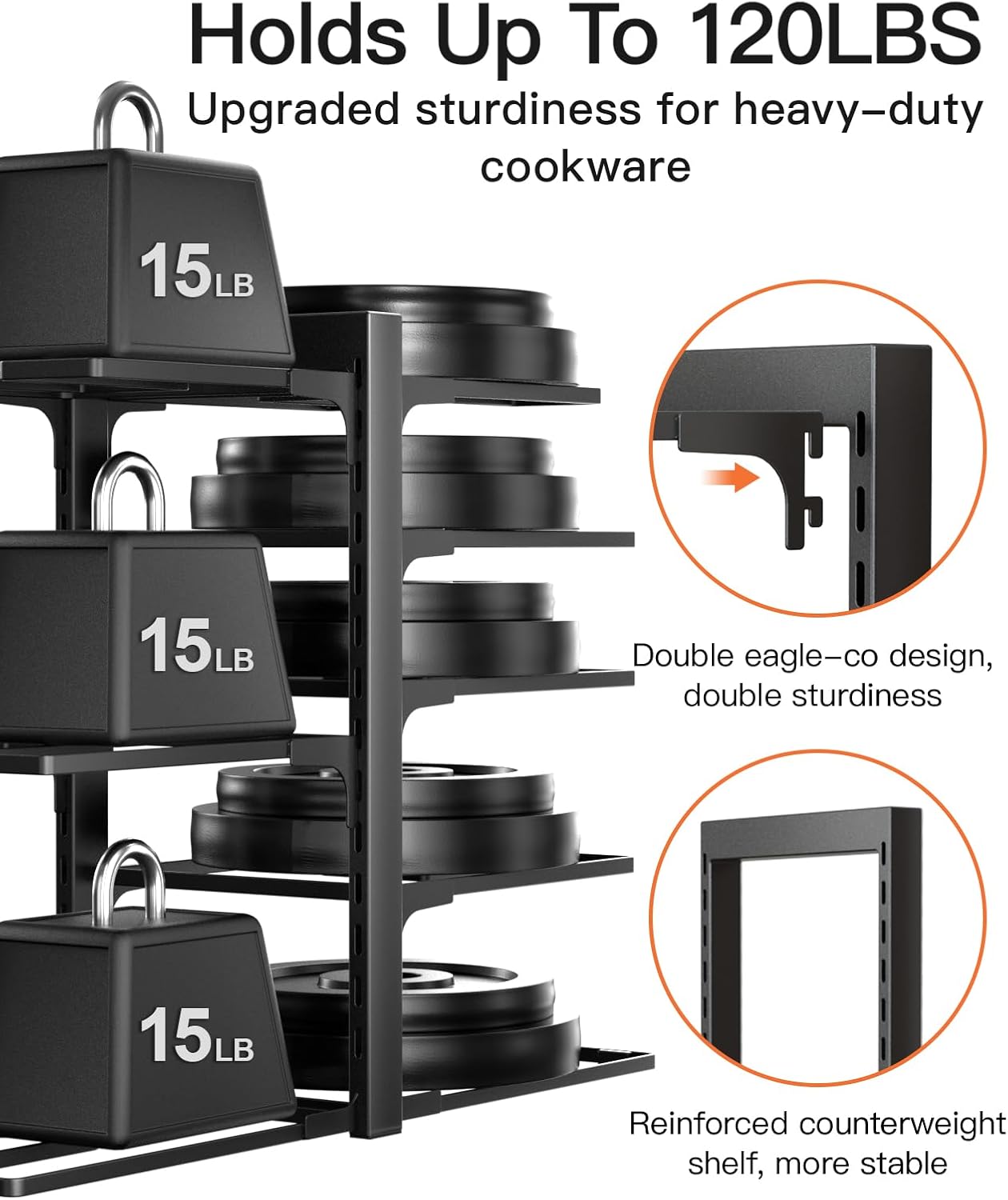 ORDORA Pots and Pans Organizer Rack for Cabinet, 15.83" Height 8-Tier Heavy Duty 120LBS Pot Pan Organizer under Cabinet Adjustable for Dutch Oven, Cast-iron Pan, Heavy Skillets Griddles, Shallow Pot