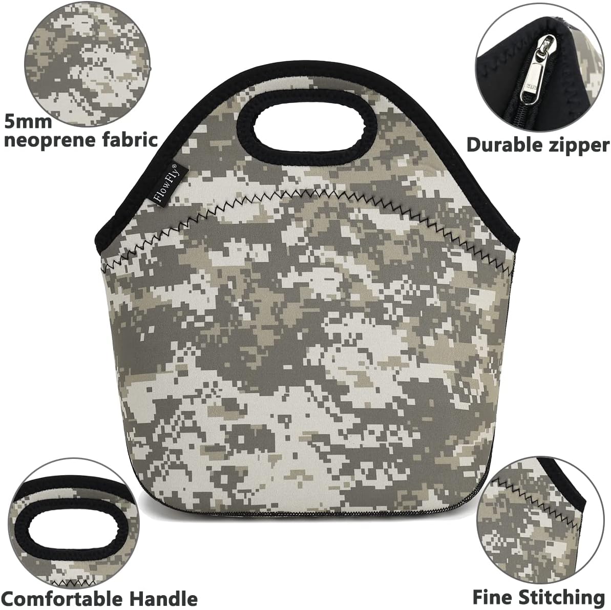 FlowFly Neoprene Lunch Tote Insulated Thermal Reusable Lunch Bag Box for Boys Men with Zipper (Digital Camo)
