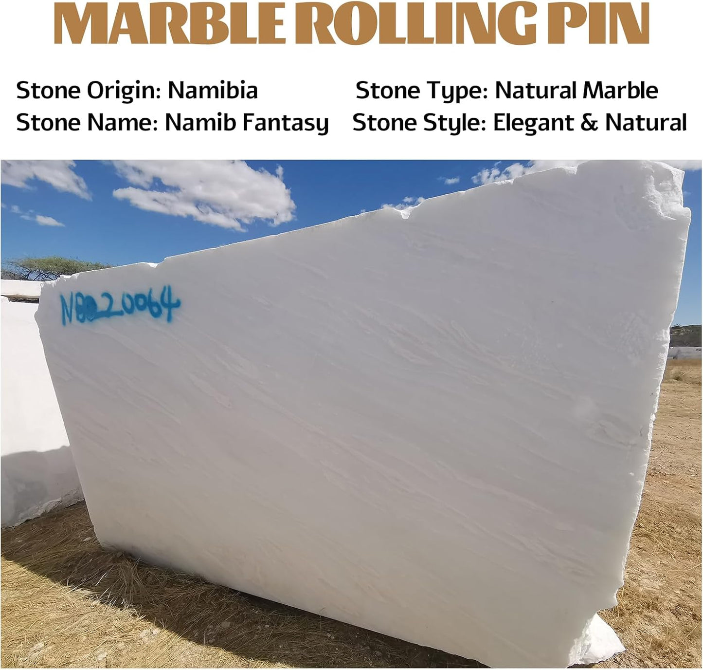 Koville African Natural Marble French Rolling Pin, 16inch Non-Stick Rolling Pin for Baking, Dough Roller for Pasta, Dumpling, Fondant, Pie, Bread, Pizza, Kitchen Baking Tools(Namib Fantasy)