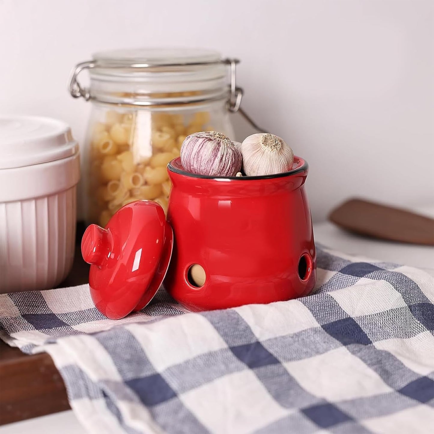 HAOTOP Ceramic Mini Garlic Keeper with Lid, Garlic Container Saver for Countertop, Keep Your Garlic Cloves Fresh (Red)
