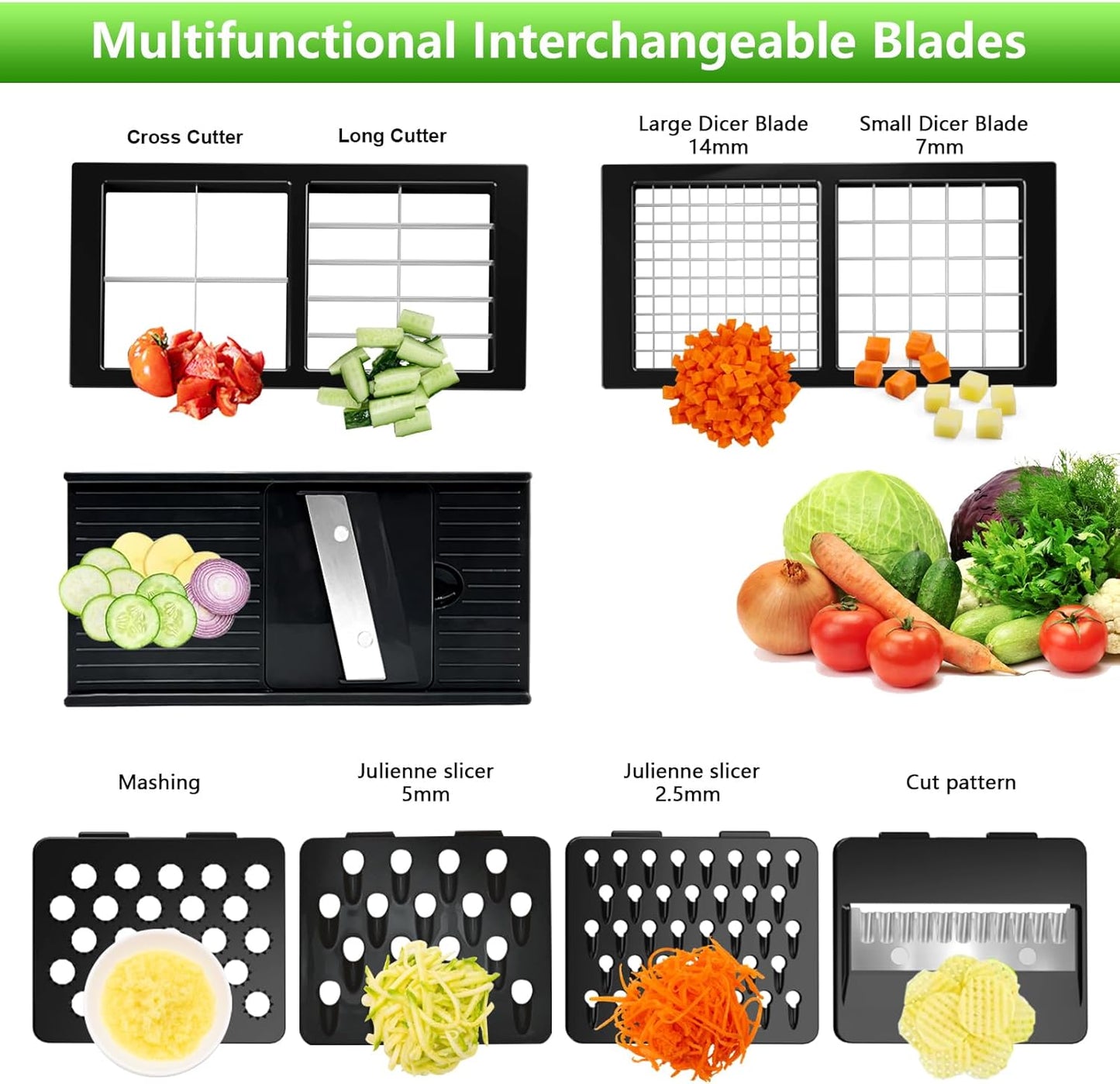 Vegetable Chopper, Onion Chopper Dicer, Mandoline Slicer, Food Chopper with Container, Vegetable Cutter for Salad Potato Carrot Garlic（9 Blades, Black）