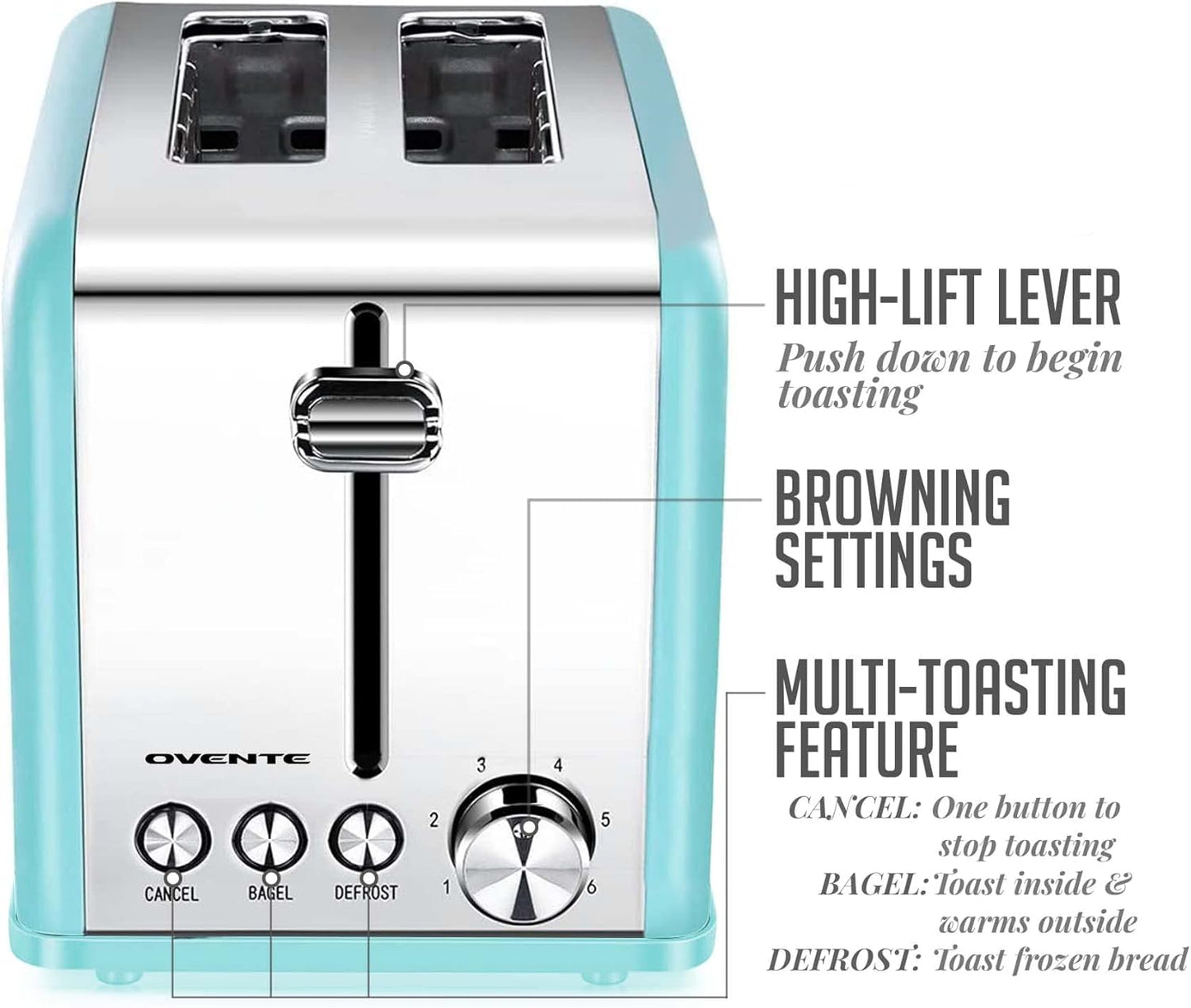 OVENTE Electric 2 Slice Toaster Machine with 6-Shade Browning Selector Setting, Cancel, Defrost, Bagel Buttons, Removable Crumb Tray and Extra Wide Slots for Toasting Breads & More, Turquoise TS2450T