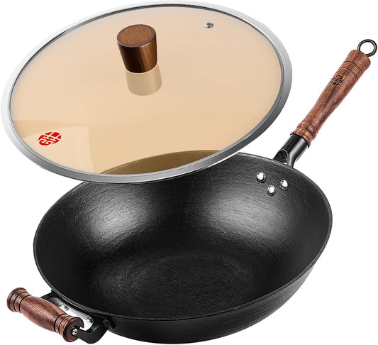 WANGYUANJI 12.6 Inch Cast Iron Wok with Glass Lid – Flat Bottom Stir Fry Pan,Handcrafted Iron Cookware for Induction, Gas & Electric Stoves, Black