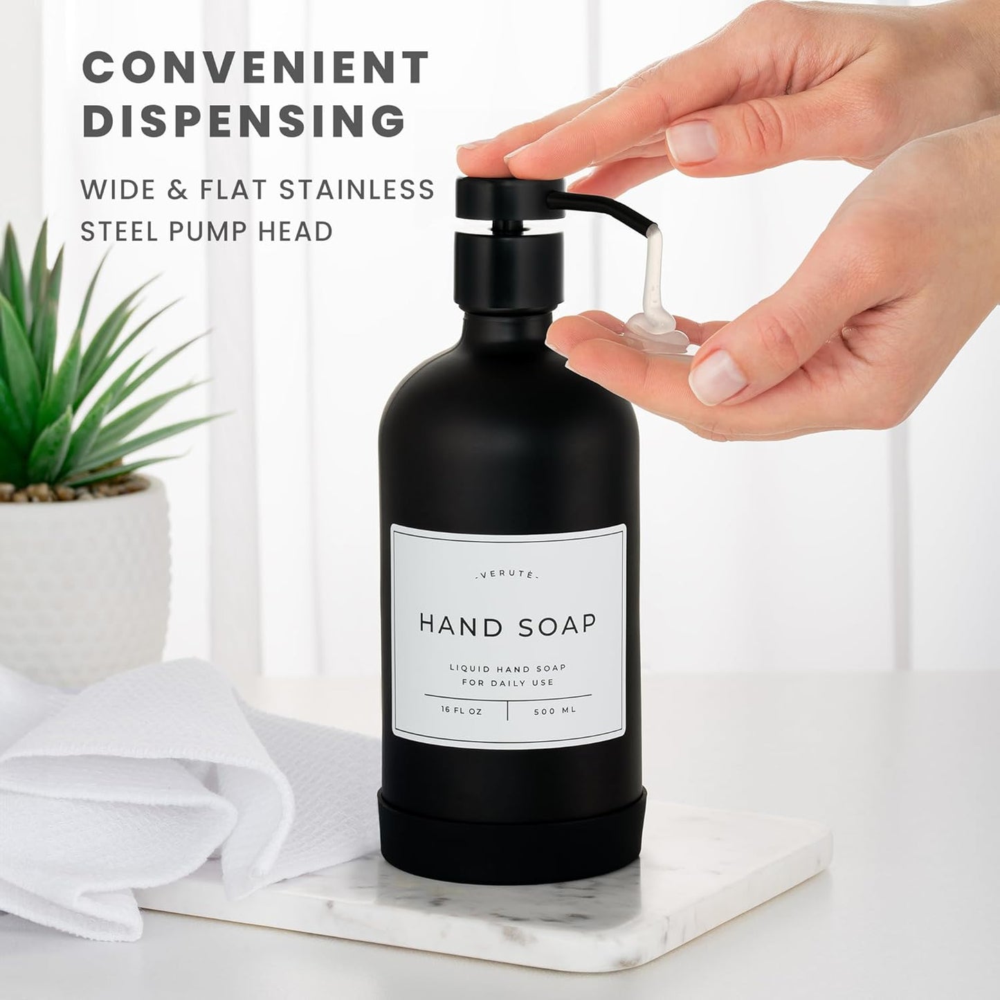 16oz Glass Soap Dispenser with Stainless Steel Pump, 21 Waterproof Labels, Non-Slip Protective Silicone Pad, Set of 2 for Bathroom & Kitchen (Matte Black Bottle/Black Pump)