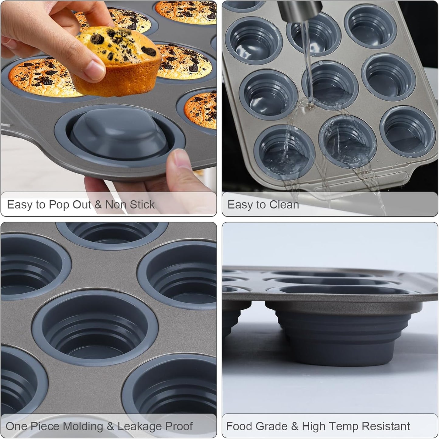 Silicone Muffin Pan, 12 Cups Cupcake Pans with Metal Frame Nonstick Muffin Tins Easy to Pop Out for Baking Cupcake Egg Bites BPA-free Cupcake Pan Mold (12 Cups Grey)