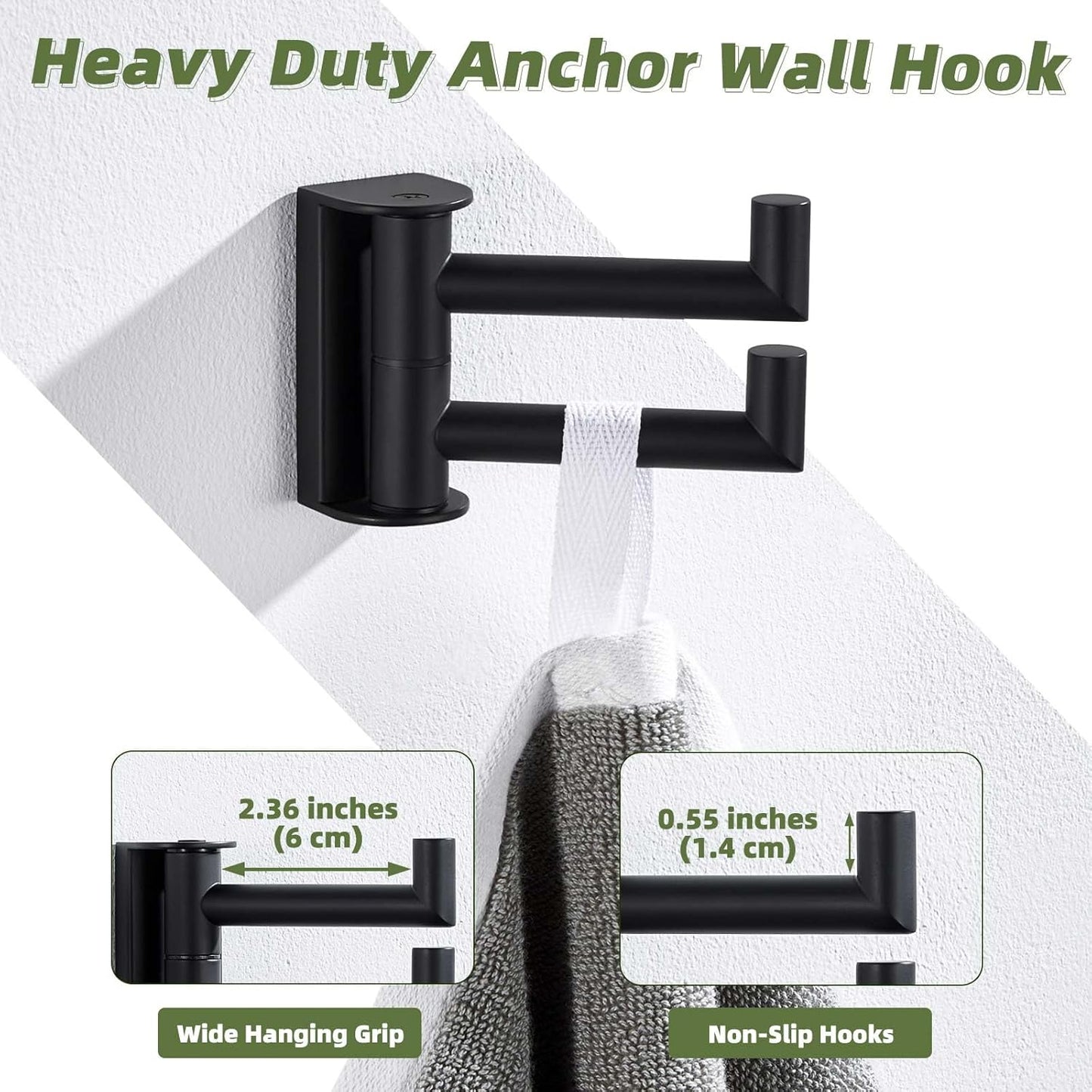 APLusee Swivel Towel Hook 2 Arms Matte Black, 304 Stainless Steel Bathroom Double Towel Holder, Folding Robe Hook Wall Mounted
