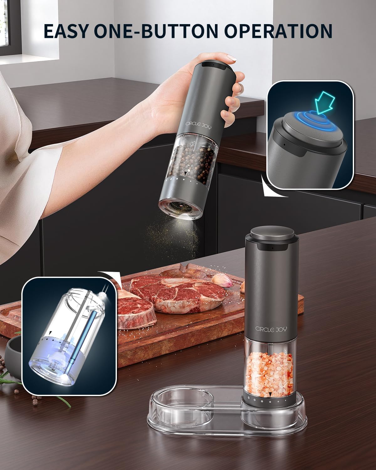CIRCLE JOY Rechargeable Electric Salt and Pepper Grinder Set with Base, Aluminum Alloy Pepper Mills with 95ml Container, White LED Light and External Adjustable Coarseness, Space Grey