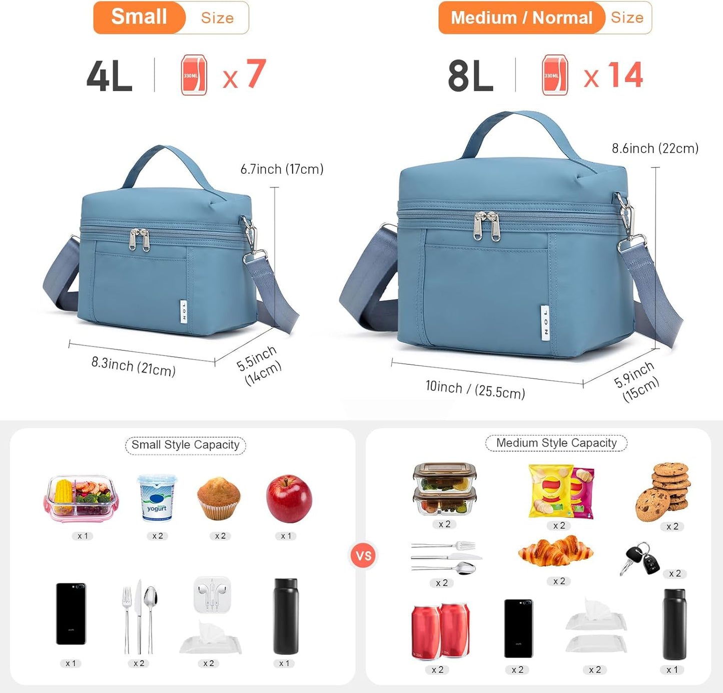 NOL Natural Organic Lifestyle Small Insulated Lunch Bags for Women Cooler Bag Lightweight Nylon Waterproof Lunch Box For Work (Small, Dusty blue)
