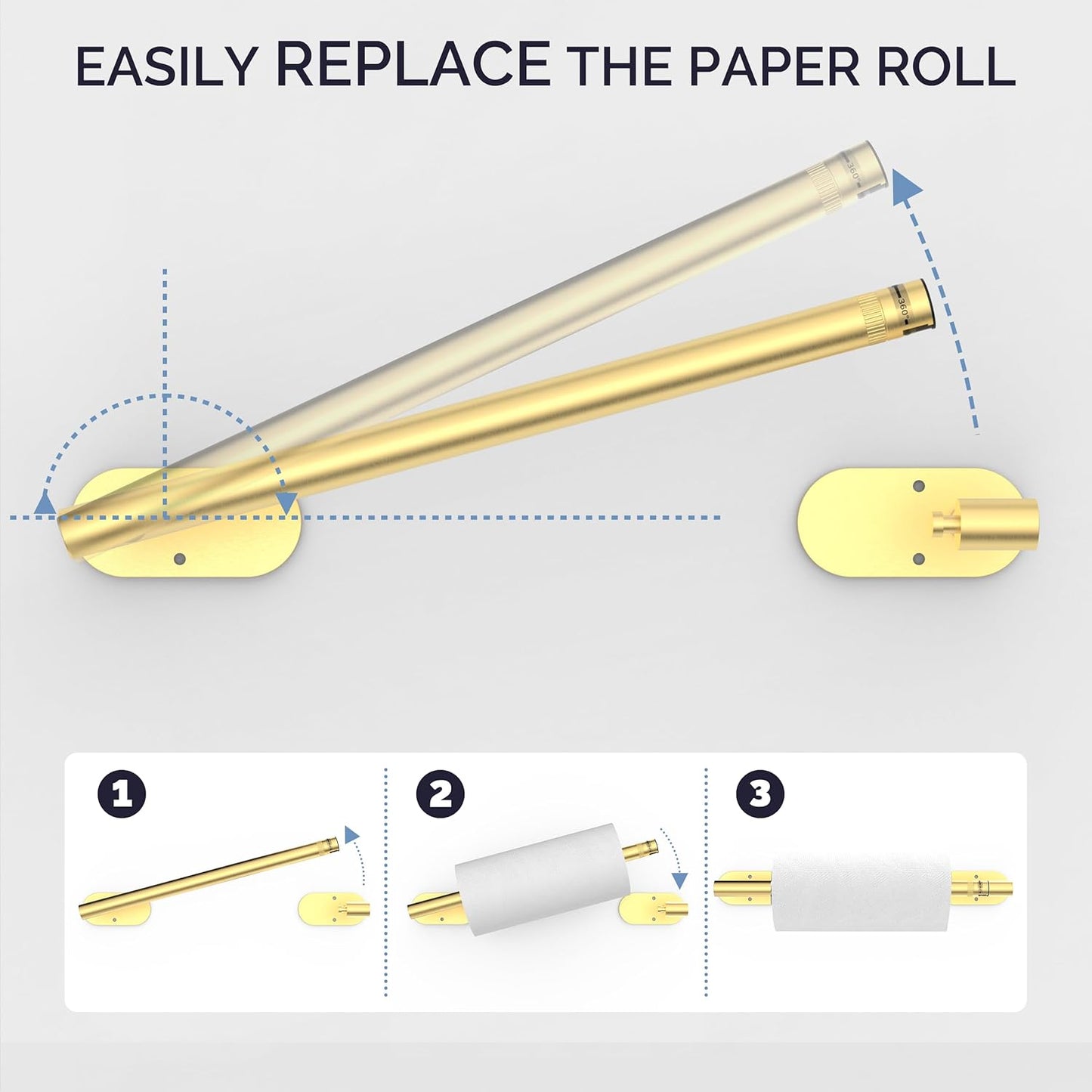 Paper Towel Holder Under Cabinet, Self Adhesive or Wall Mounted SUS304 Stainless Steel Paper Towel Holder for Kitchen, Farmhouse, Barbecue and Laundry (Brushed Gold)