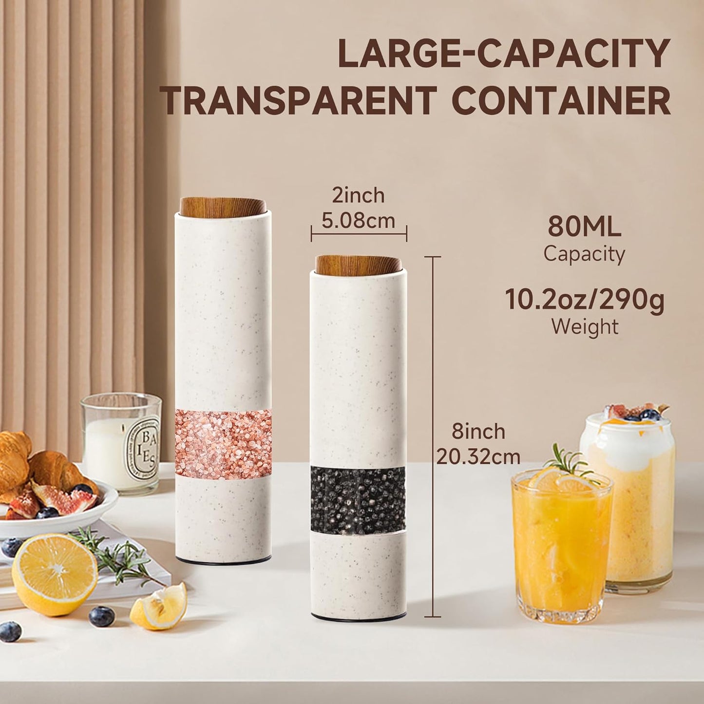 MEHIDFY Electric Salt and Pepper Grinder Set, 2 Pack Salt and Pepper Grinder Battery Operated, One-Handed Automatic Salt and Pepper Mill Grinder with LED Light, Adjustable Coarseness (White)