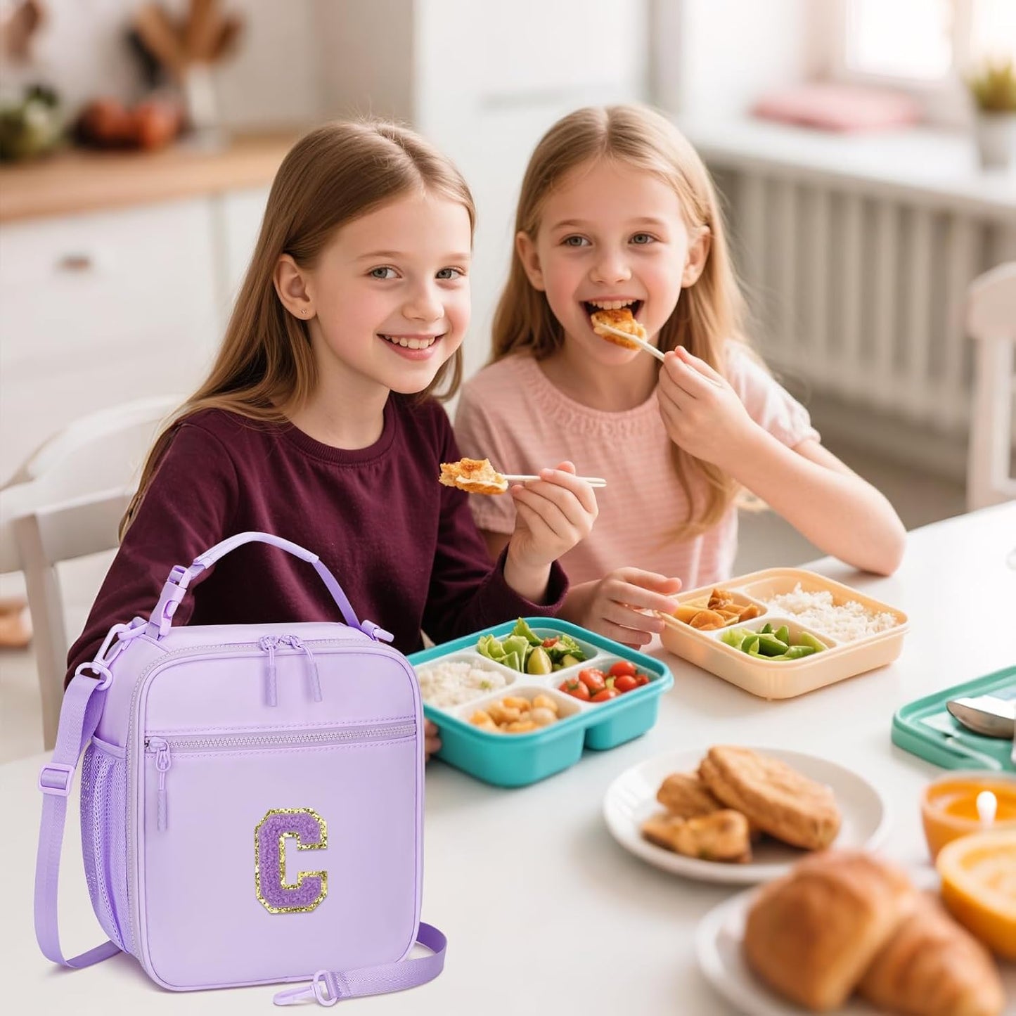 Initial Insulated Lunch Bag for Girls Kids, Back to School Gift, Reusable Leak-proof Lunch Box with Adjustable Strap for School Daycare Travel Picnic (Purple,C)