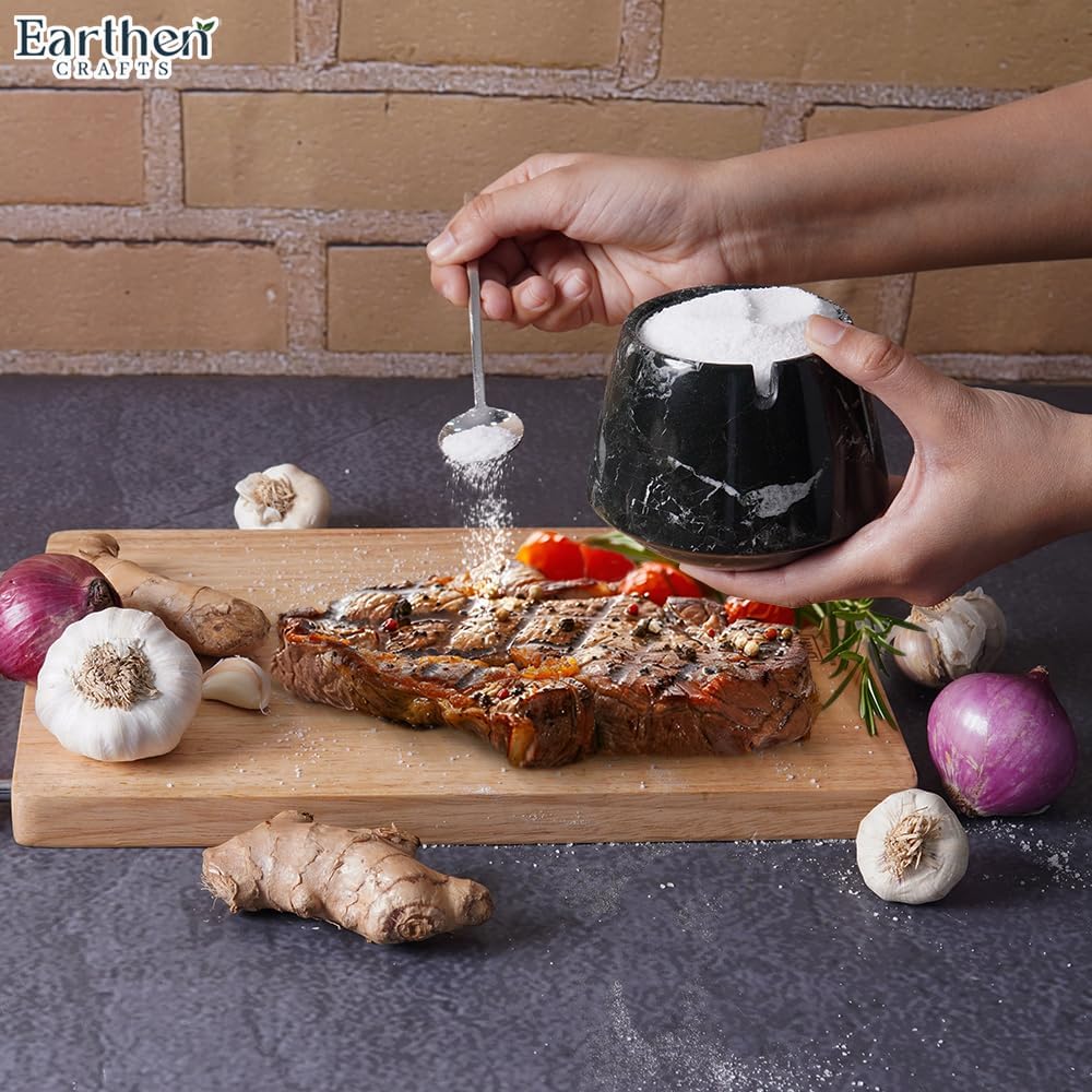 Marble Salt Cellar With Lid & Spoon Black Zebra 4 Inch Stone Salt Container - Seasoning Spice Jar Holder & Jewelry Storage - Salt Box For Kitchen Counter