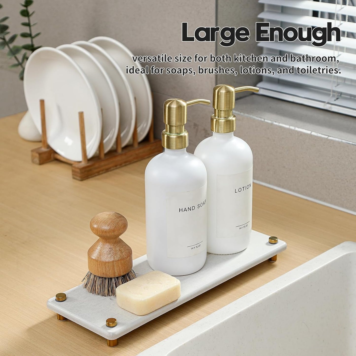Water Absorbing Stone Sink Caddy Kitchen Sink Organizer Tray, Diatomite Bathroom Counter Tray, Gold Faucet Drying Mat Coaster Soap Dish Rack Riser Dispenser Sponge Holder, Beige 12.5" x 4.5"