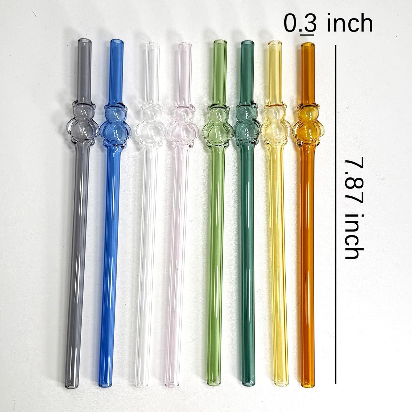 Glass Straws 8 Pcs Cute Bear Cocktail Straws with 2 Cleaning Brushes 7.87 Inch Reusable Straw Shatter Resistant Colorful Straw Dishwasher Safer for Juice, Smoothie, Milkshakes, MilkTeas