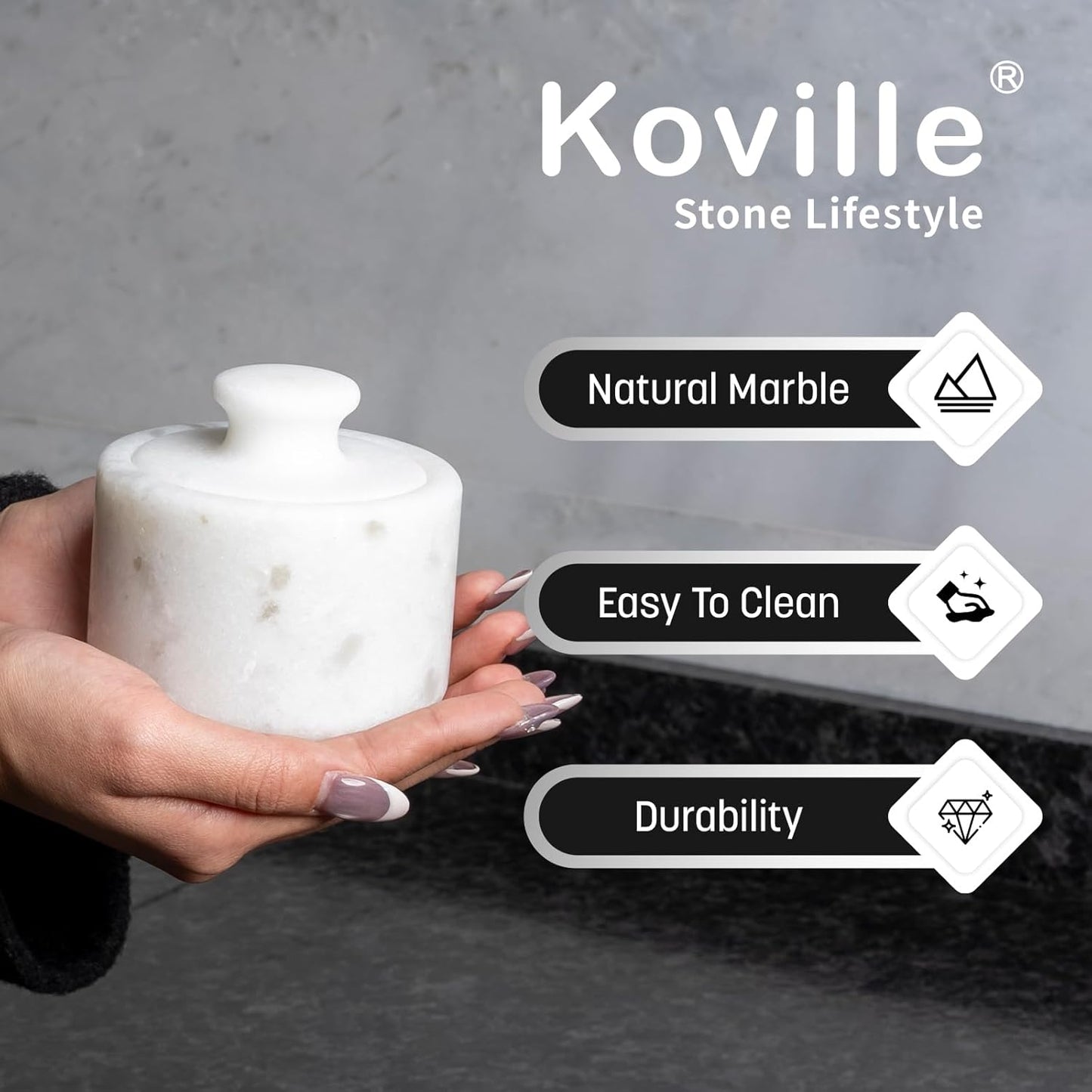 Koville Marble Salt Cellar with Lid 3.5" White, Stone Pepper Container & Spice Jars for Kitchen, Marble Salt and Pepper Holder, Stone Storage Box for Kitchen Counter, Spice Jar(Namib Fantasy White)