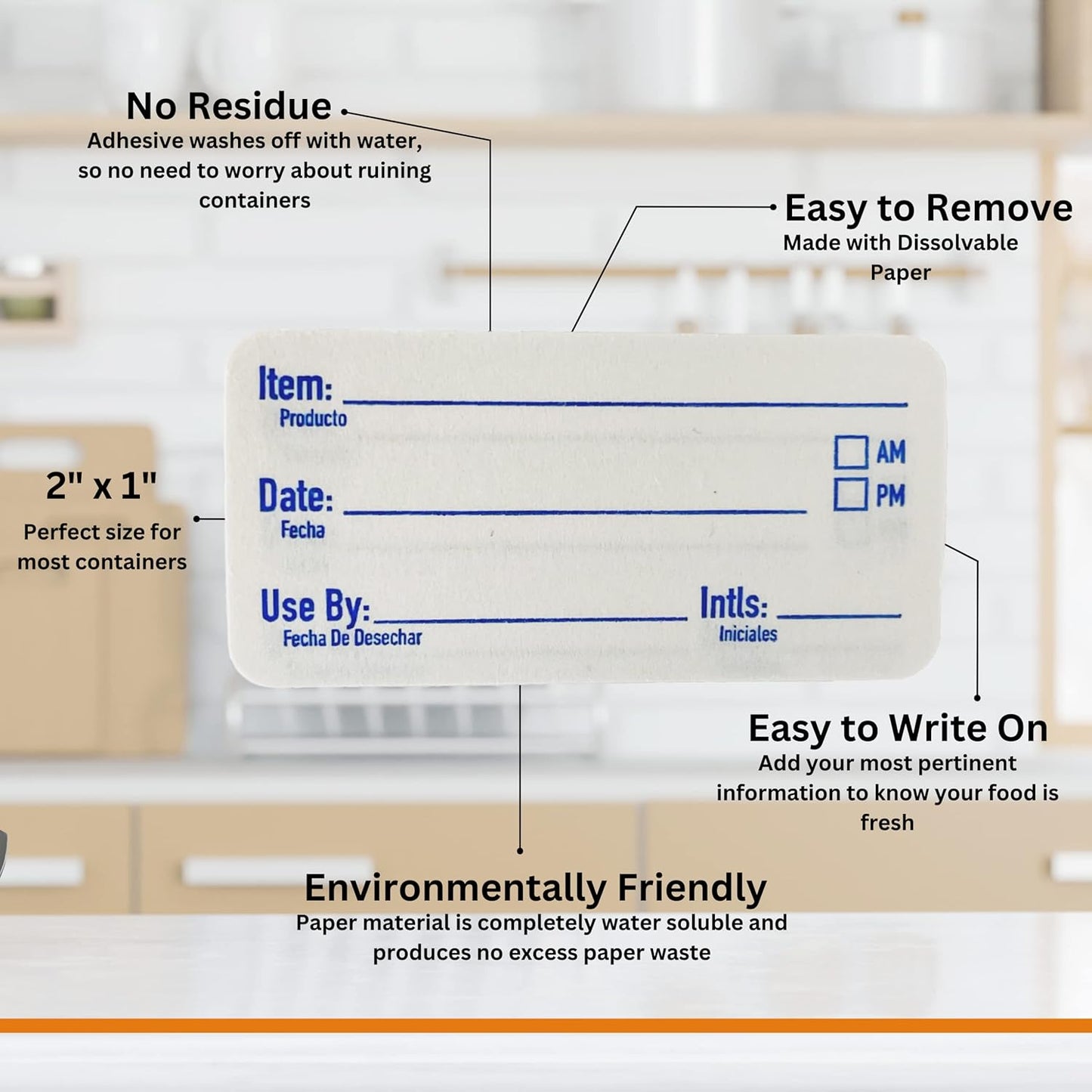 2x1 Dissolvable Food Labels, 1000 Label Stickers, Bottle Labels for Storage Bins, Sticker Labels for Food containers, (1000, Blue)