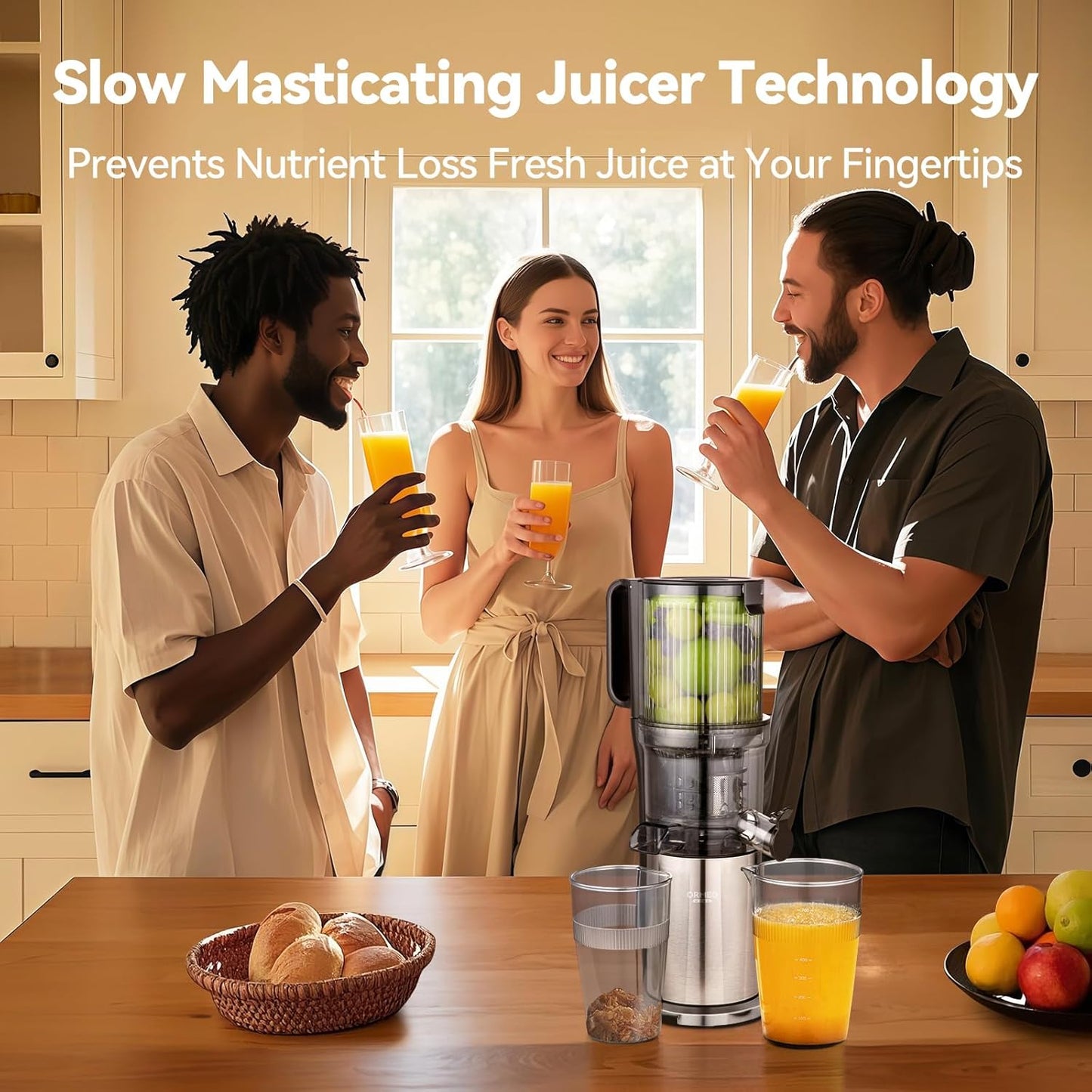 Juicer Machines,ORMEO HOME Cold Press Juicer with Large Feed Chute Fit Whole Fruits & Vegetables,Slow Masticating Juicer With Pulp Seperation,99% Juice Purity,200W Quiet Motor,Easy to Clean,BPA Free