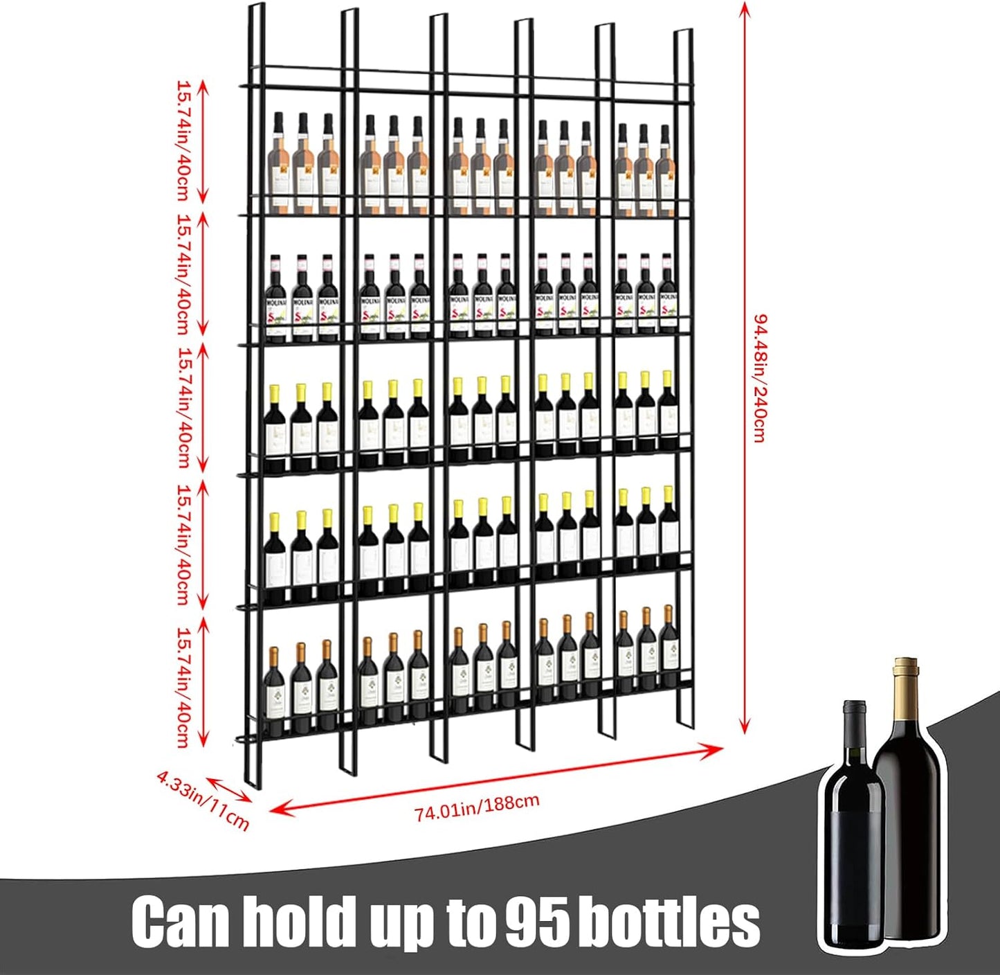 Wine Racks Wall Mounted, 6-Tier Wine Storage Holder, Black Industrial Bar Liquor Bottle Display Shelf, for Home Bar, Kitchen, Dining Rooms, & Wine Cellars (Black, 5 Column)