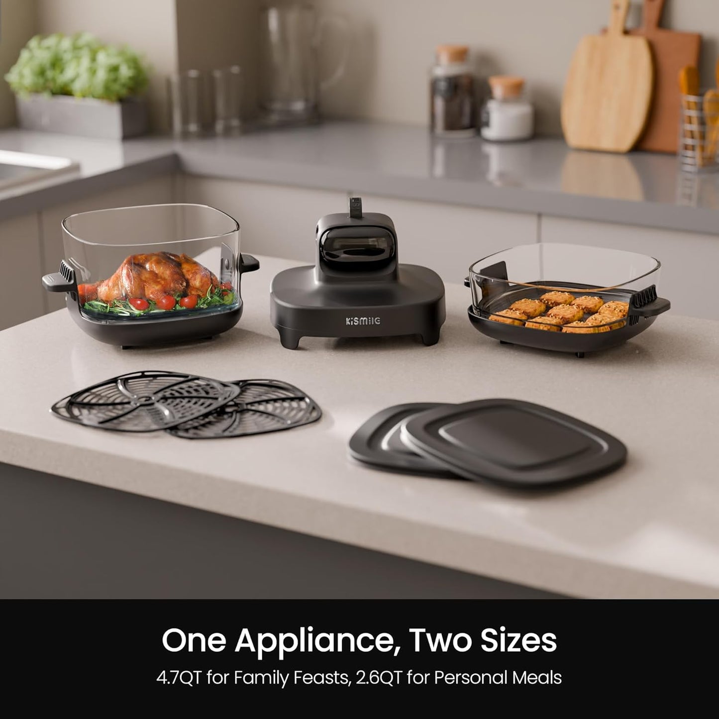 Kismile 5-in-1 Portable Glass Air Fryer, 2.6QT & 4.7QT Dual Glass Containers with Lids, 85% Less Oil, Compact Smart Air Fryer Oven for Deep Roast, Crisp, Keep Warm – Freezer & Dishwasher Safe