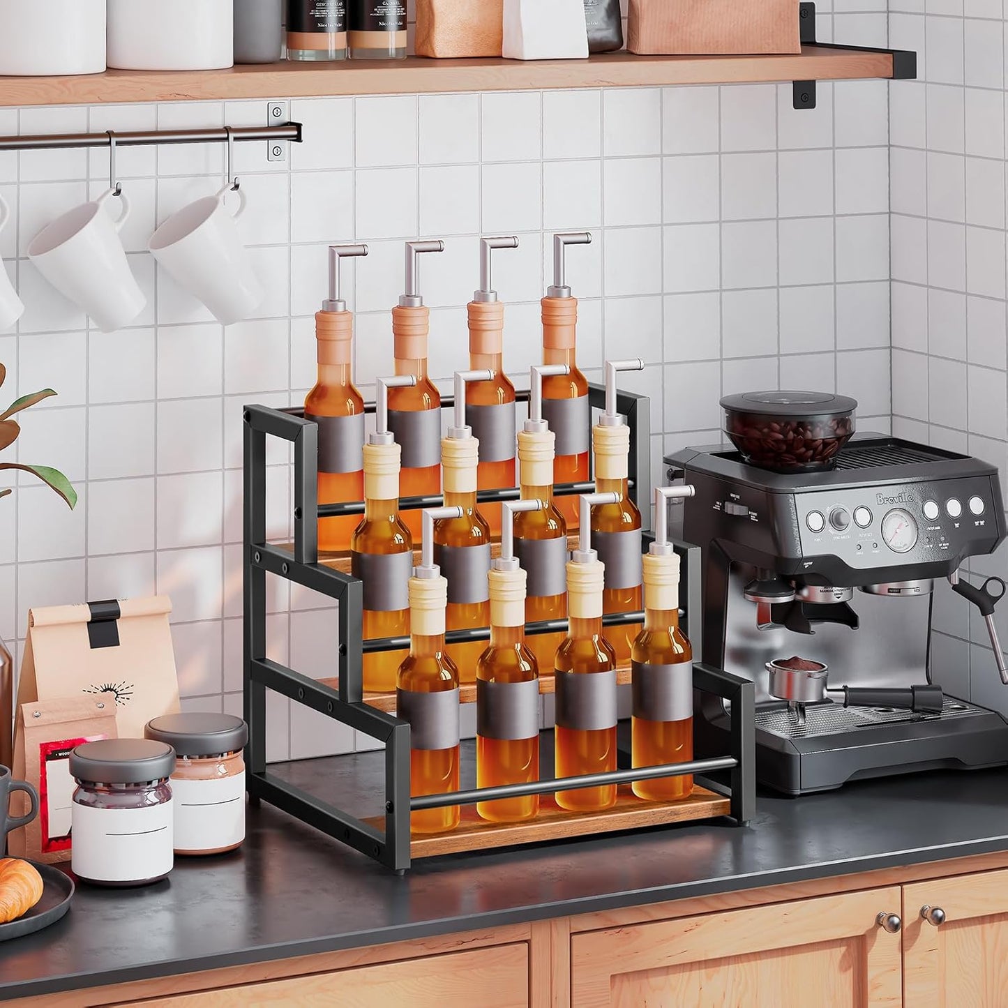 HOOBRO Coffee Syrup Rack Organizer, 3-Tier 12-Bottle Syrup Holder Stand for Coffee Bar, Wine Rack Countertop Storage Rack for Syrup, Wine, for Kitchen Coffee Station, Rustic Brown and Black BF38JJ01