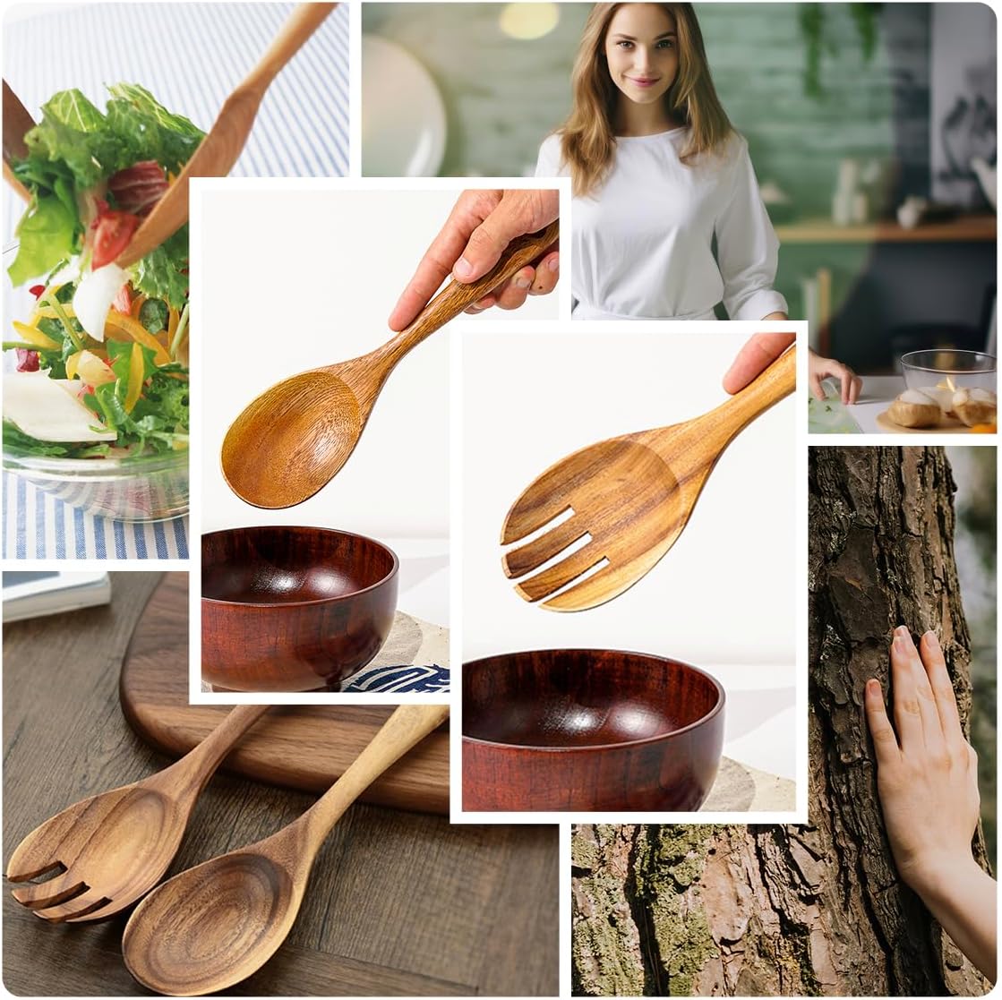 Teak Wood Sporks 10.2-Inch Pack of 2, Teak Wooden Salad Forks with Ergonomical Handles, Salad Fork for Cooking, Wooden Spork for Salad Serving