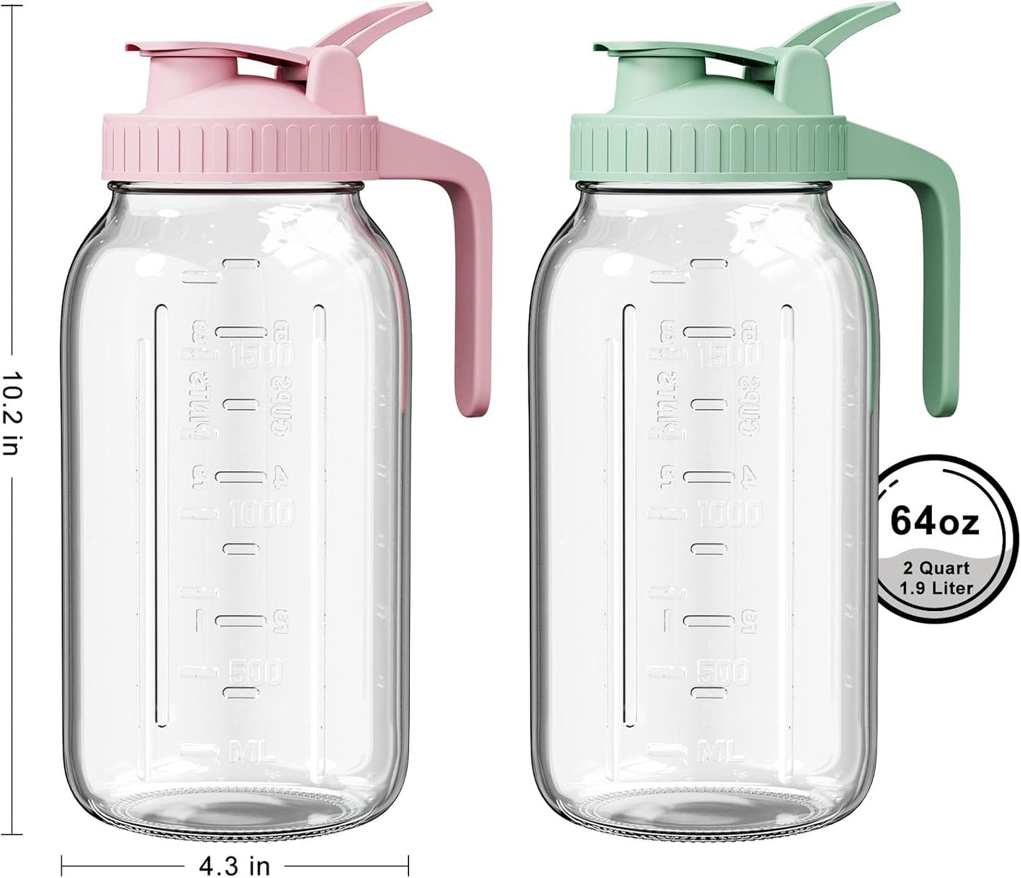 | 2 Pack | 64oz Glass Pitcher with Lid and Spout, 2 Quart (1.9 Liter) Mason Jar Pitcher Wide Mouth, Airtight Water Jug for Juice, Sun Tea, Iced Coffee, Milk Storage, Pink & Green