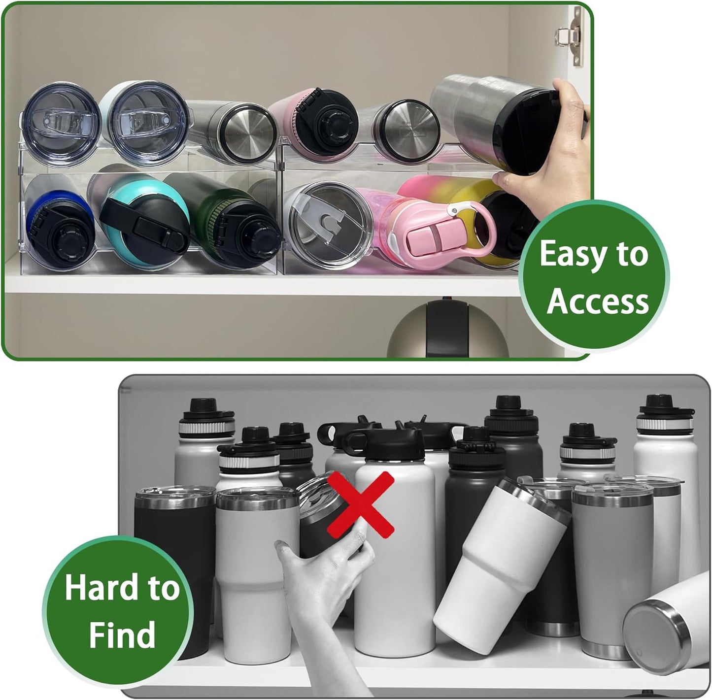 2 Pack Water Bottle Organizer, Stackable Kitchen Pantry Storage Shelf, Plastic Water Bottle Holder for Cabinet and Fridge Organization