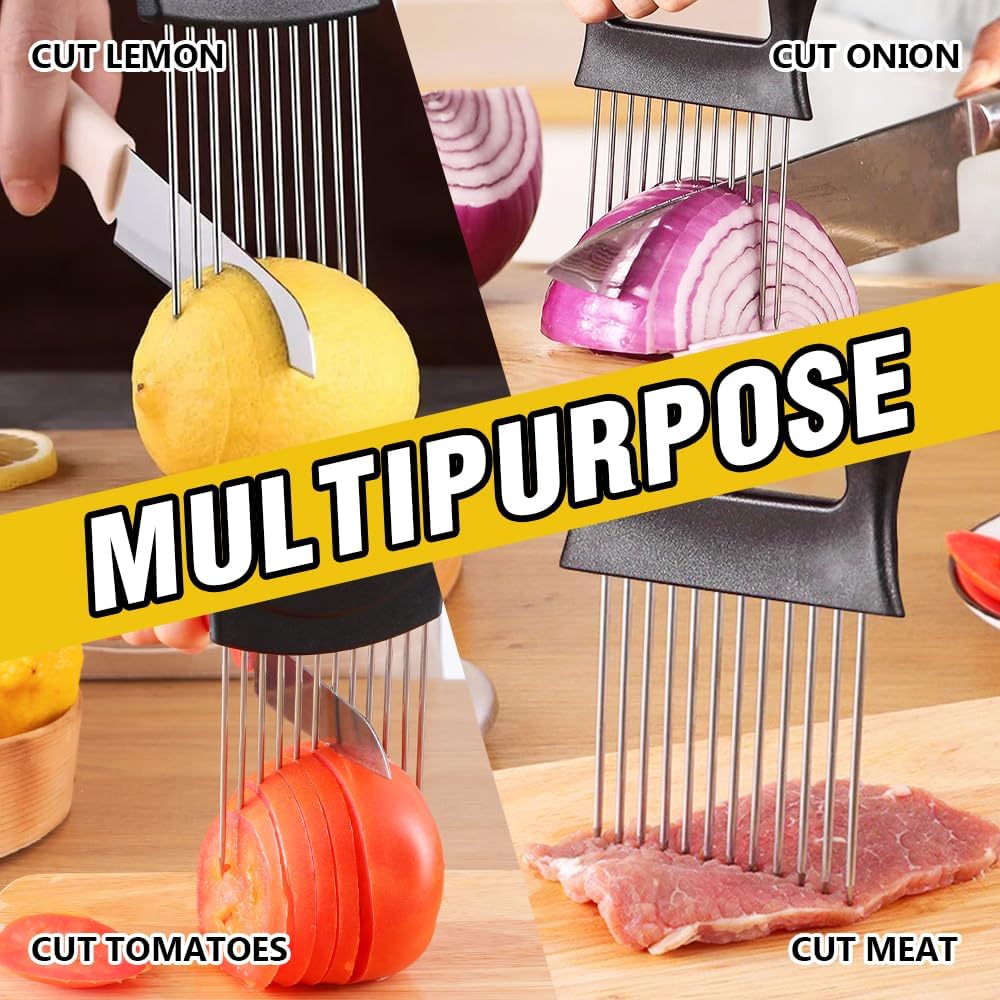 Onion Holder for Slicing, Stainless Steel Onion Slicing Rack, 2024 Upgraded Slicer, Lemon Slicer Vegetable Cutter, Home Kitchen Tools, Fruit, Lemon Slice Aids (Square-2pcs)